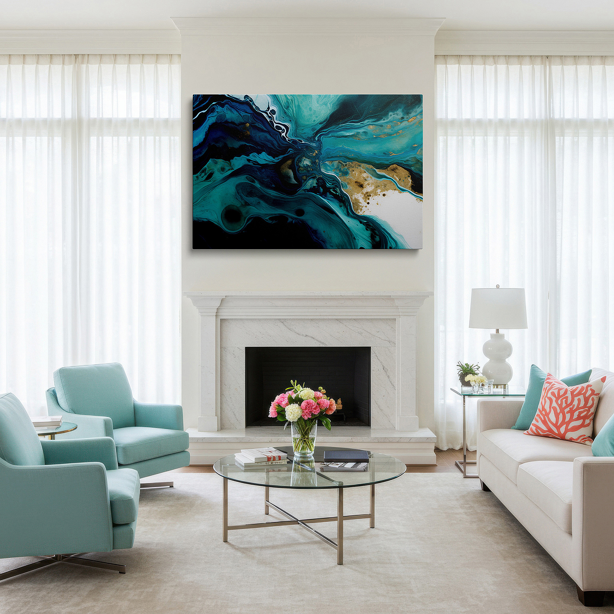Hung in a cozy reading nook beside a floor lamp and bookshelf — turquoise waves and golden streaks - a mesmerizing blend of chaos and serenity large wall art, canvas wall art, wall decor for office and bedroom