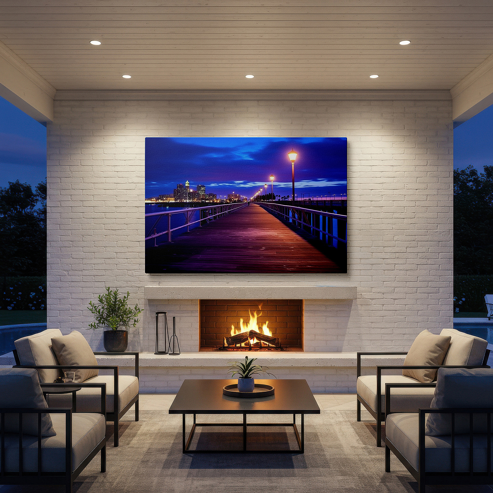 Hung in a cozy reading nook beside a floor lamp and bookshelf — twilight pier and city lights - a harmonious mix of natural and urban beauty large wall art, canvas wall art, wall decor, office wall art