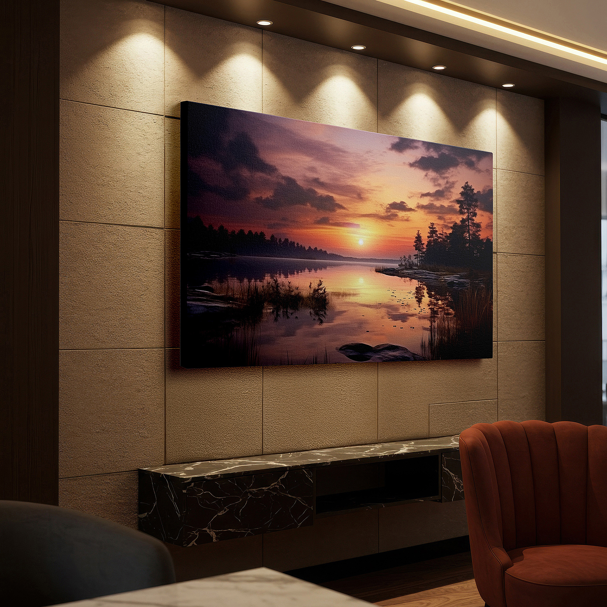 Hung in a cozy reading nook beside a floor lamp and bookshelf — twilight serenity: large canvas wall art featuring lake reflections and silhouetted trees for office, bedroom, and living room decor