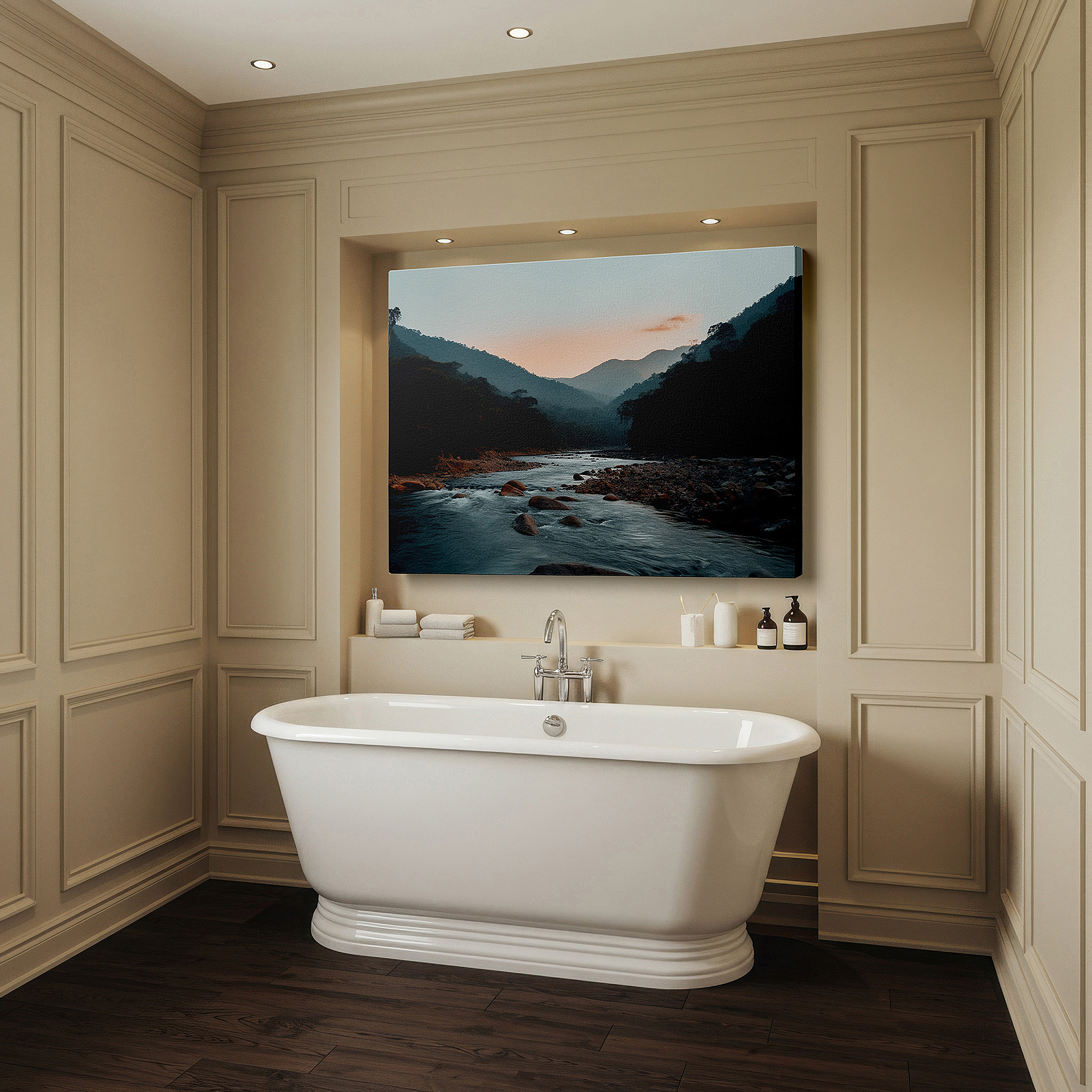 Hung in a cozy reading nook beside a floor lamp and bookshelf — twilight serenity by the mountain river - a peaceful retreat into nature's embrace large wall art, canvas wall art, wall decor, office wall art
