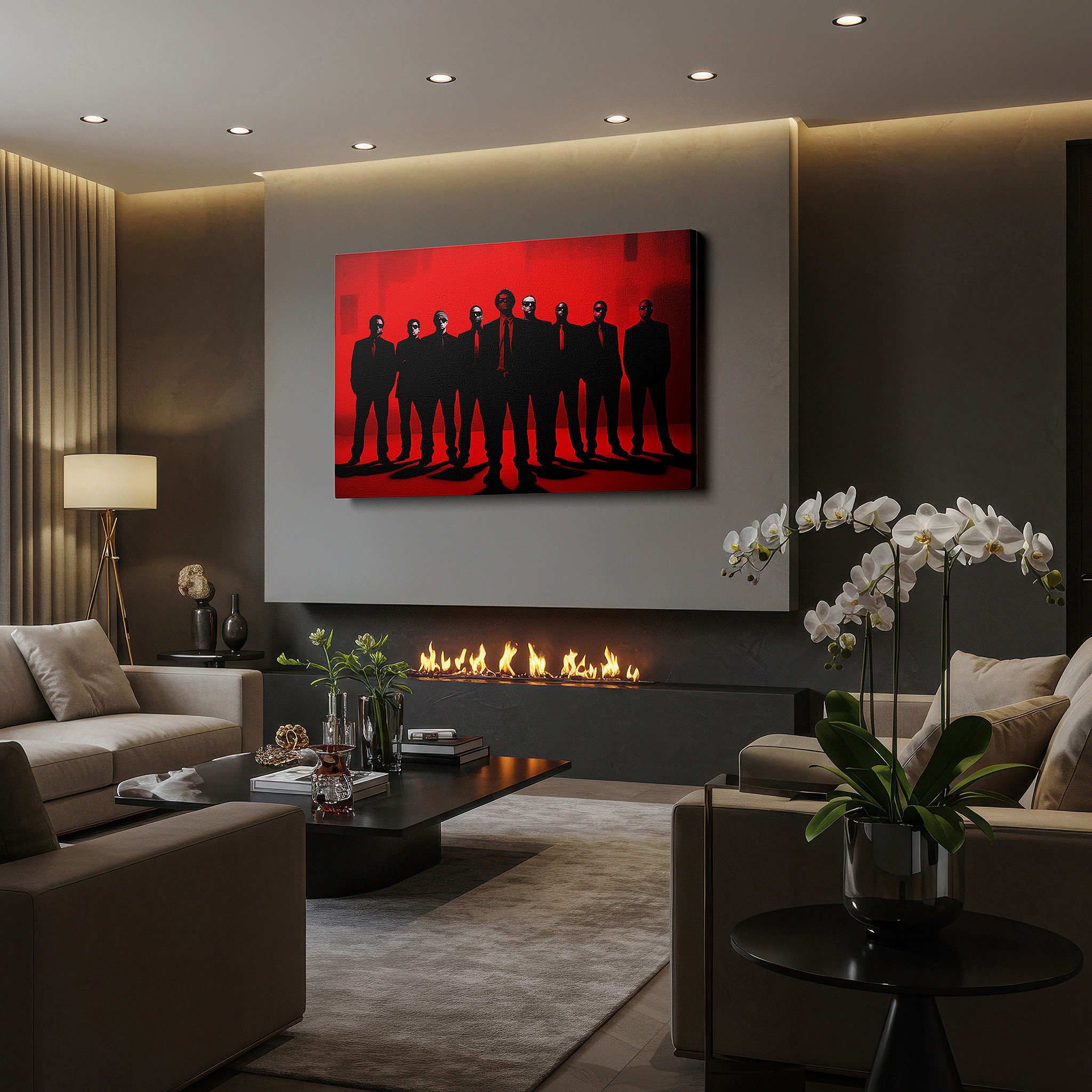 Hung in a cozy reading nook beside a floor lamp and bookshelf — unity and professionalism themed wall art featuring ten figures against a bright red background, large canvas for office decor