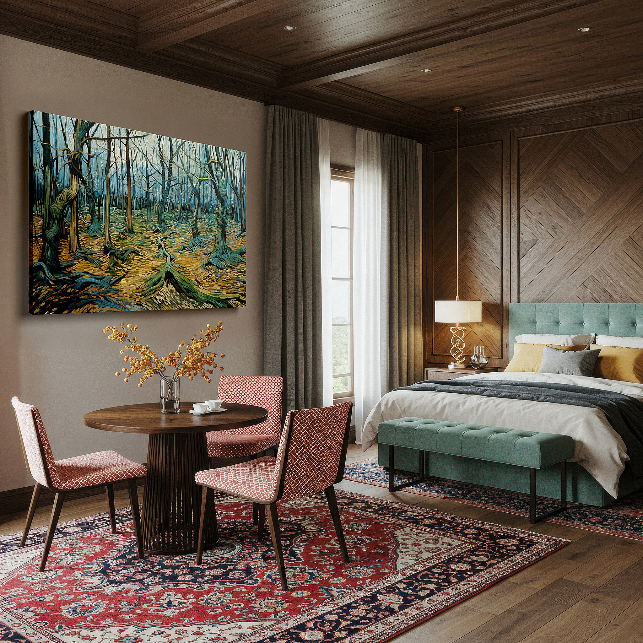 Hung in a cozy reading nook beside a floor lamp and bookshelf — van gogh-inspired twisted forest scene, vibrant and emotional nature journey, large canvas wall art for home and office decor