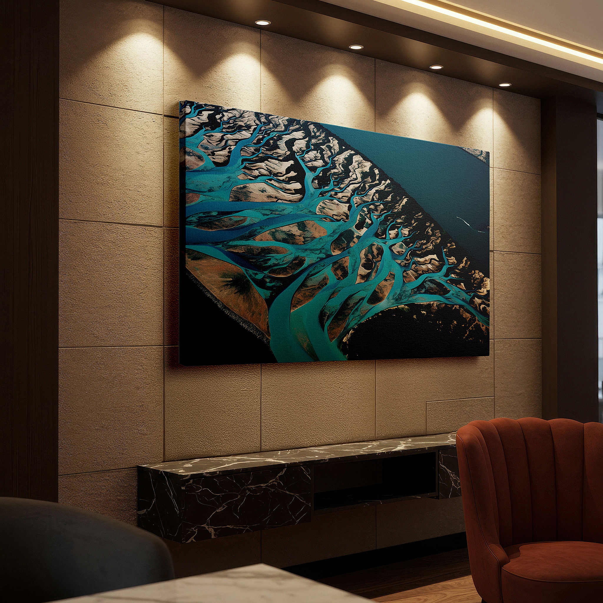 Hung in a cozy reading nook beside a floor lamp and bookshelf — vibrant aerial river landscapes on expansive canvas, large wall decor for office