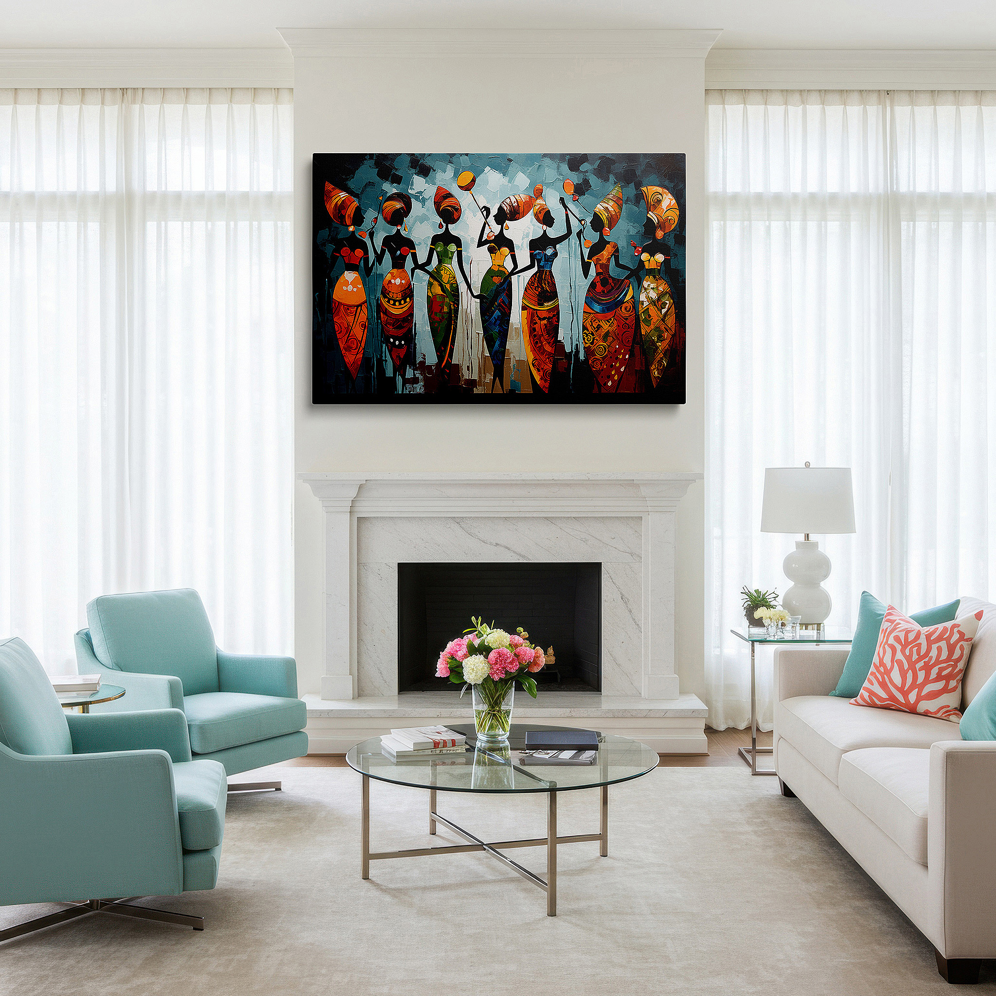 Hung in a cozy reading nook beside a floor lamp and bookshelf — vibrant celebration of cultural diversity: abstract traditional attire large wall art, canvas wall art, wall decor for office