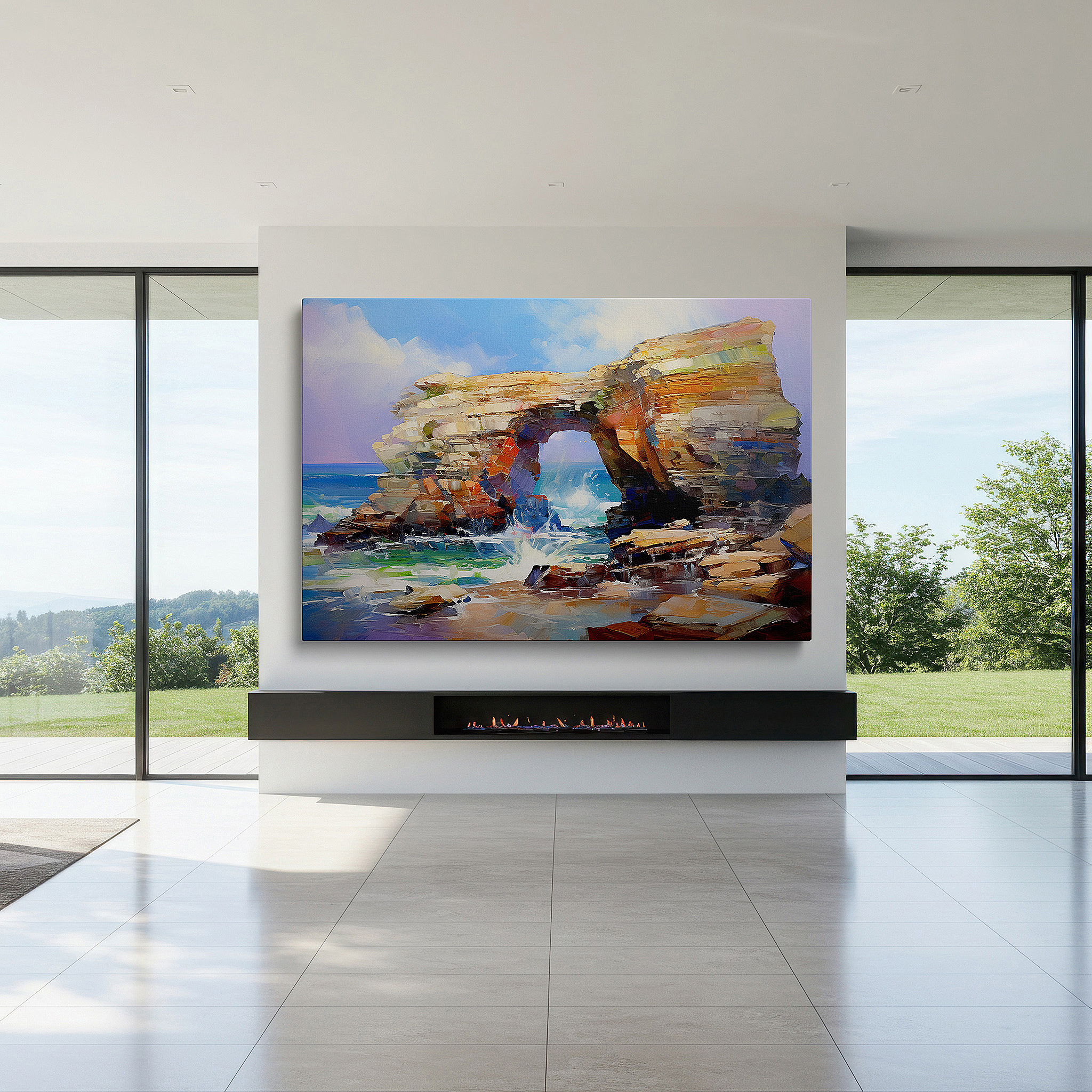 Hung in a cozy reading nook beside a floor lamp and bookshelf — vibrant coastal cliffs wall art: dynamic light and texture - perfect for office, bedroom, and home decor