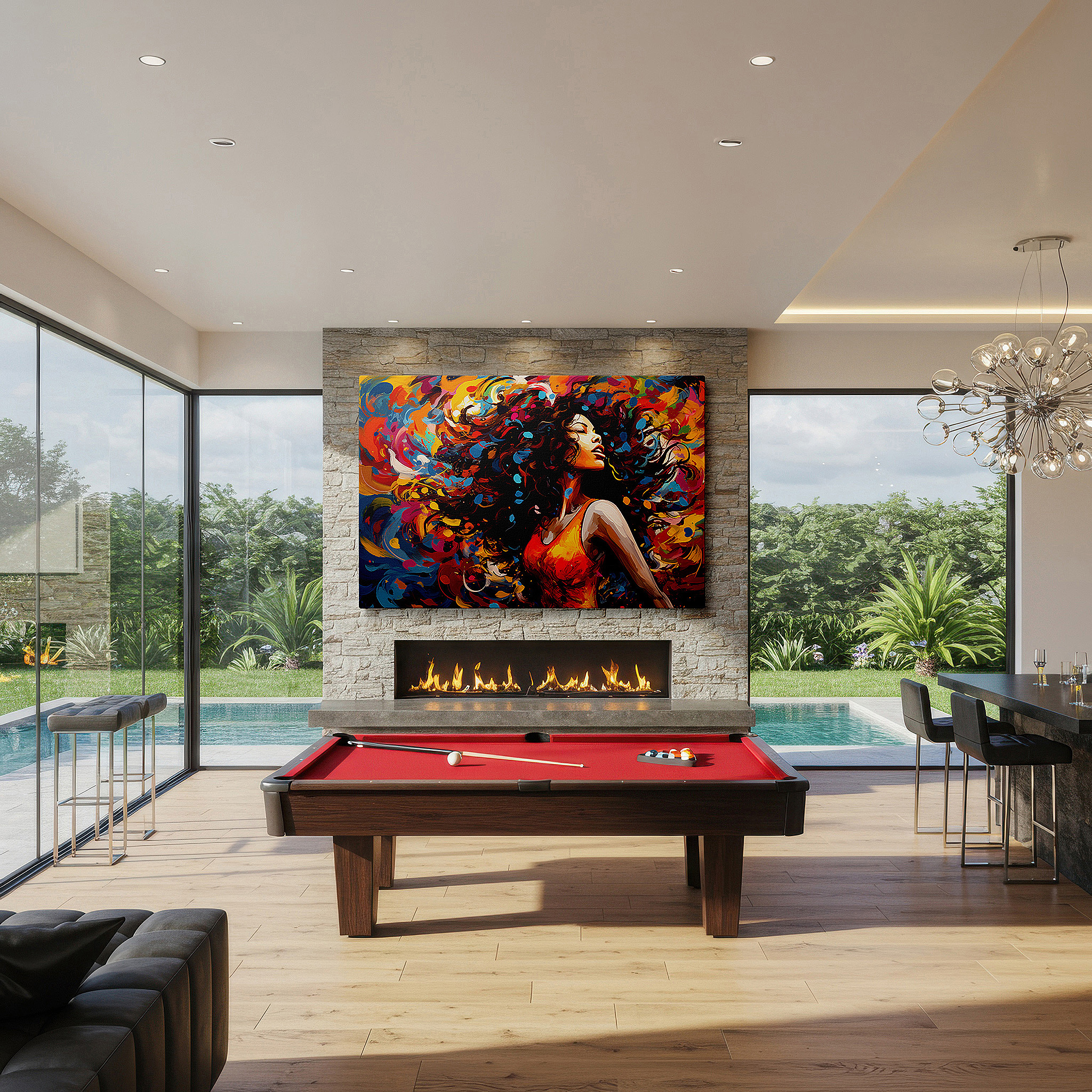 Hung in a cozy reading nook beside a floor lamp and bookshelf — vibrant and fluid feminine expression large wall art, canvas wall art, wall decor for office and bedroom
