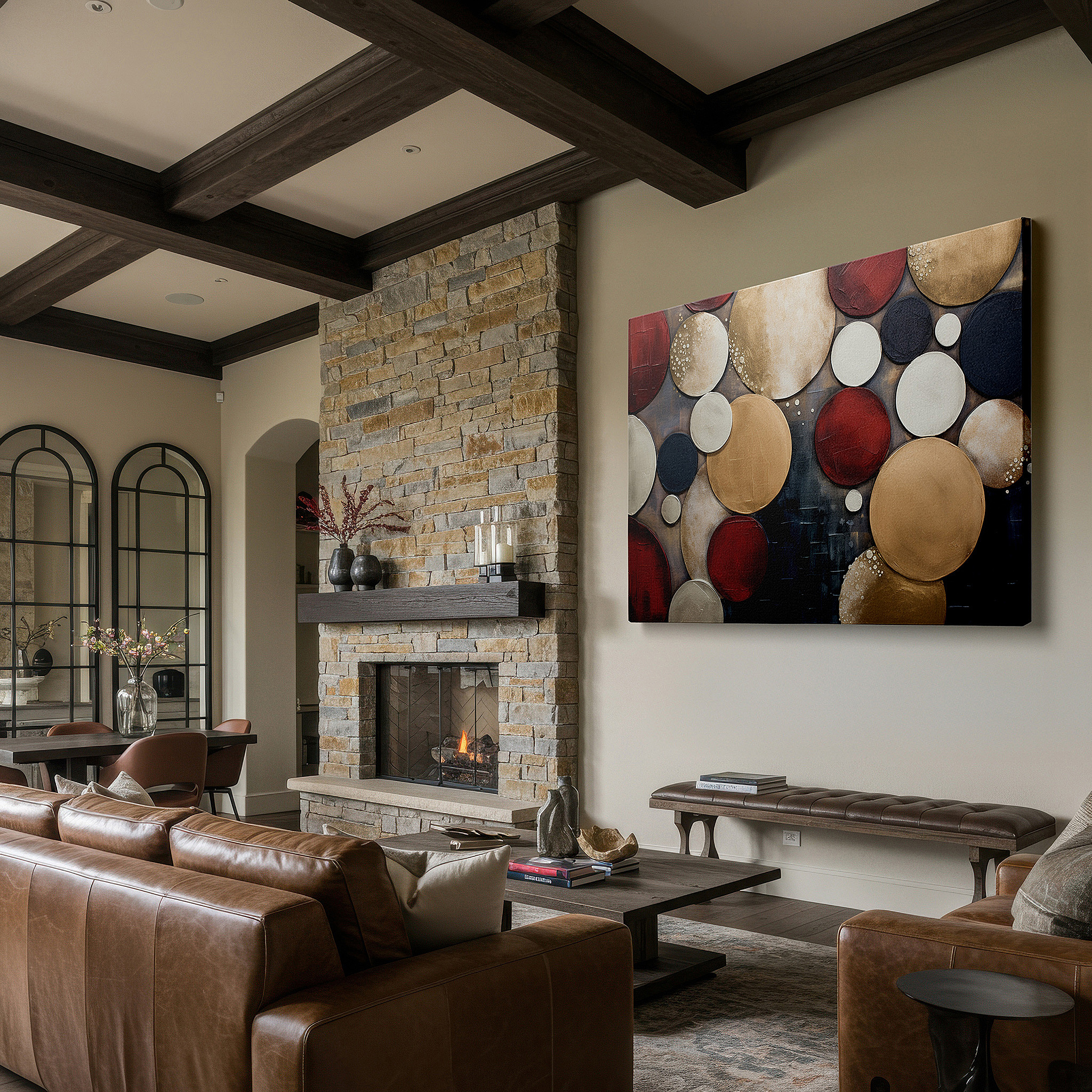 Hung in a cozy reading nook beside a floor lamp and bookshelf — vibrant overlapping circles large wall art for modern spaces, canvas wall decor for office and bedroom