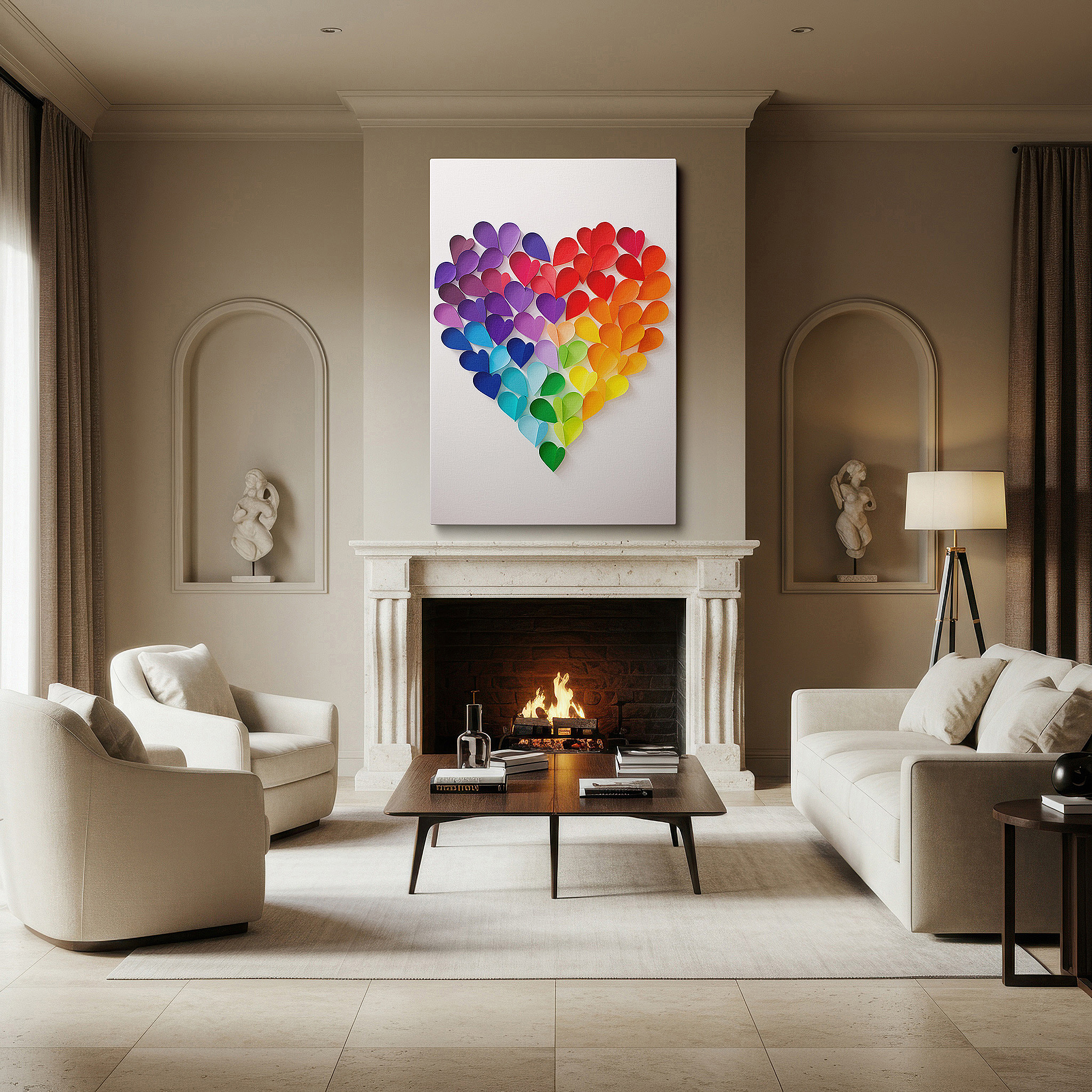Hung in a cozy reading nook beside a floor lamp and bookshelf — vibrant paper hearts wall art celebrating love, unity, and diversity - perfect for office, bedroom, and living room decor