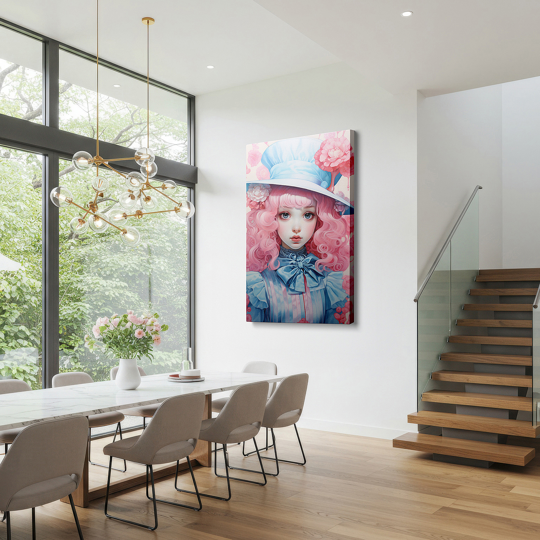 Hung in a cozy reading nook beside a floor lamp and bookshelf — vibrant pink curls and floral fantasy large canvas wall art for office, bedroom, and living room decor