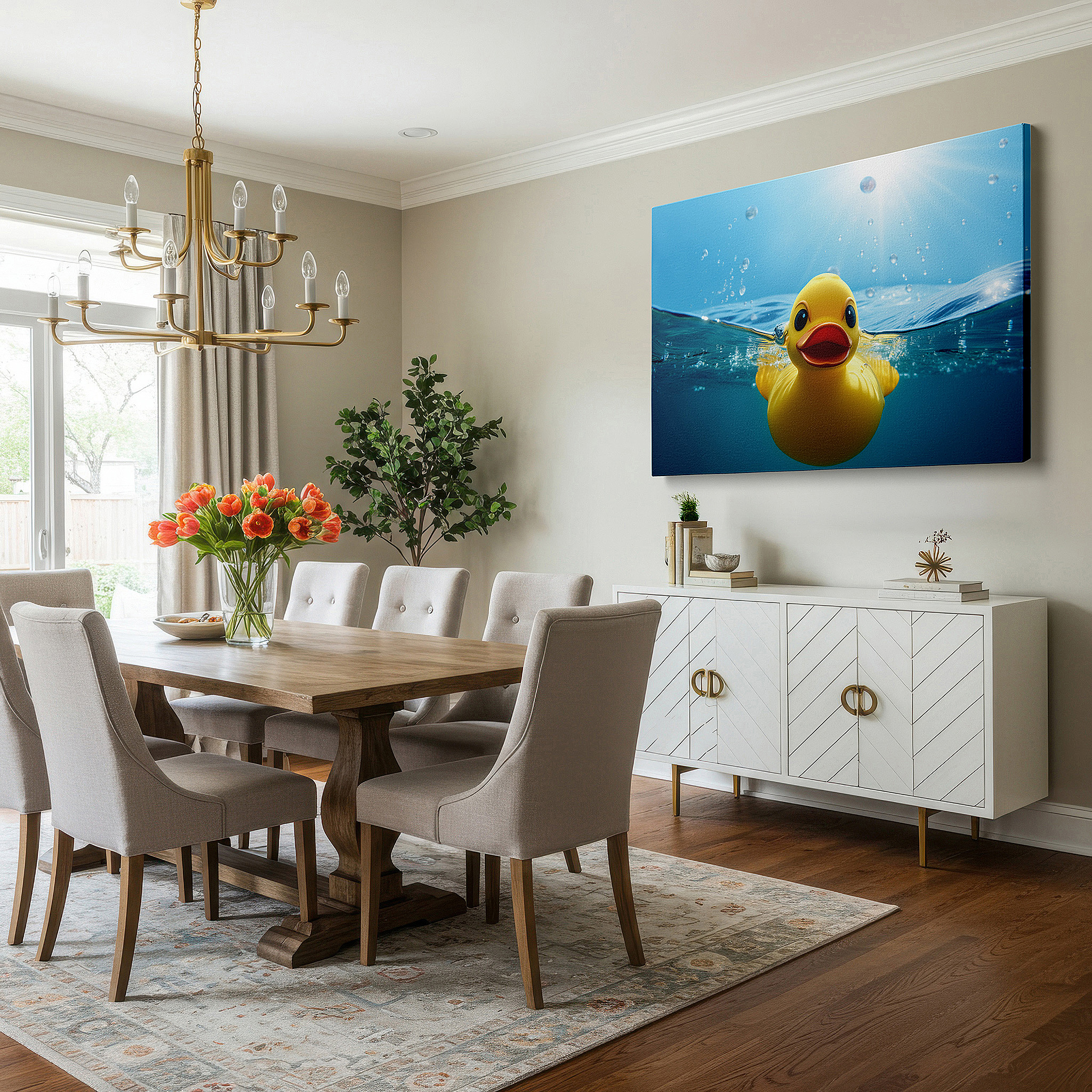 Hung in a cozy reading nook beside a floor lamp and bookshelf — vibrant yellow duck in crystal clear waters: playful serenity large wall art, canvas decor for office and bedroom