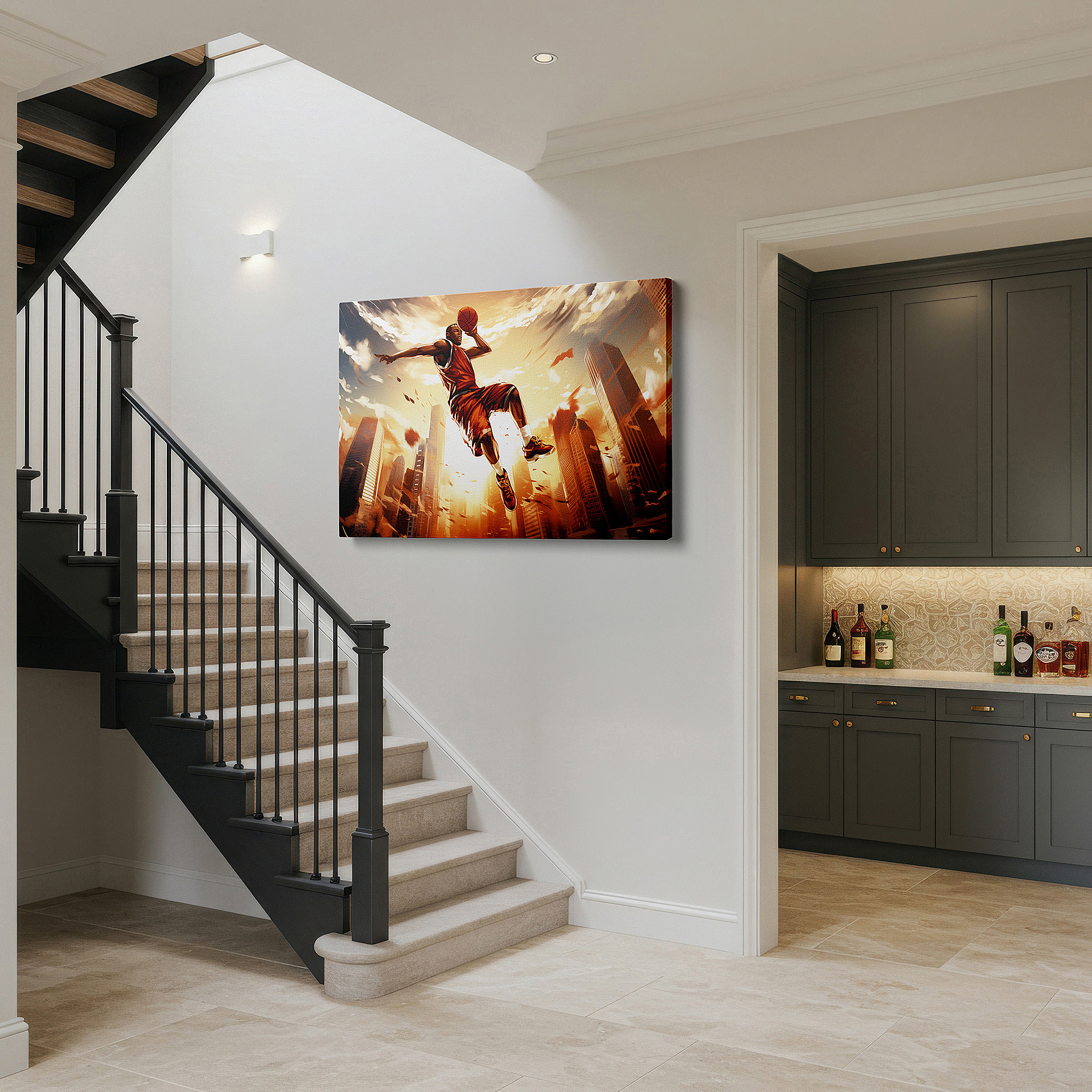 Hung in a cozy reading nook beside a floor lamp and bookshelf — wall art: athlete's sunset leap over urban skyline - a symbol of resilience and passion. large canvas wall art for office and bedroom decor.