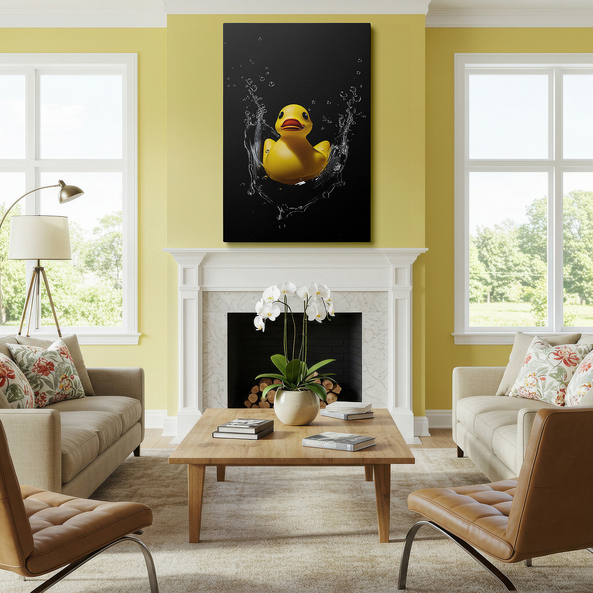 Hung in a cozy reading nook beside a floor lamp and bookshelf — wall art: delightful yellow duck happily drifting with lively splashes and whimsical bubbles - large canvas wall art for office and bedroom decor