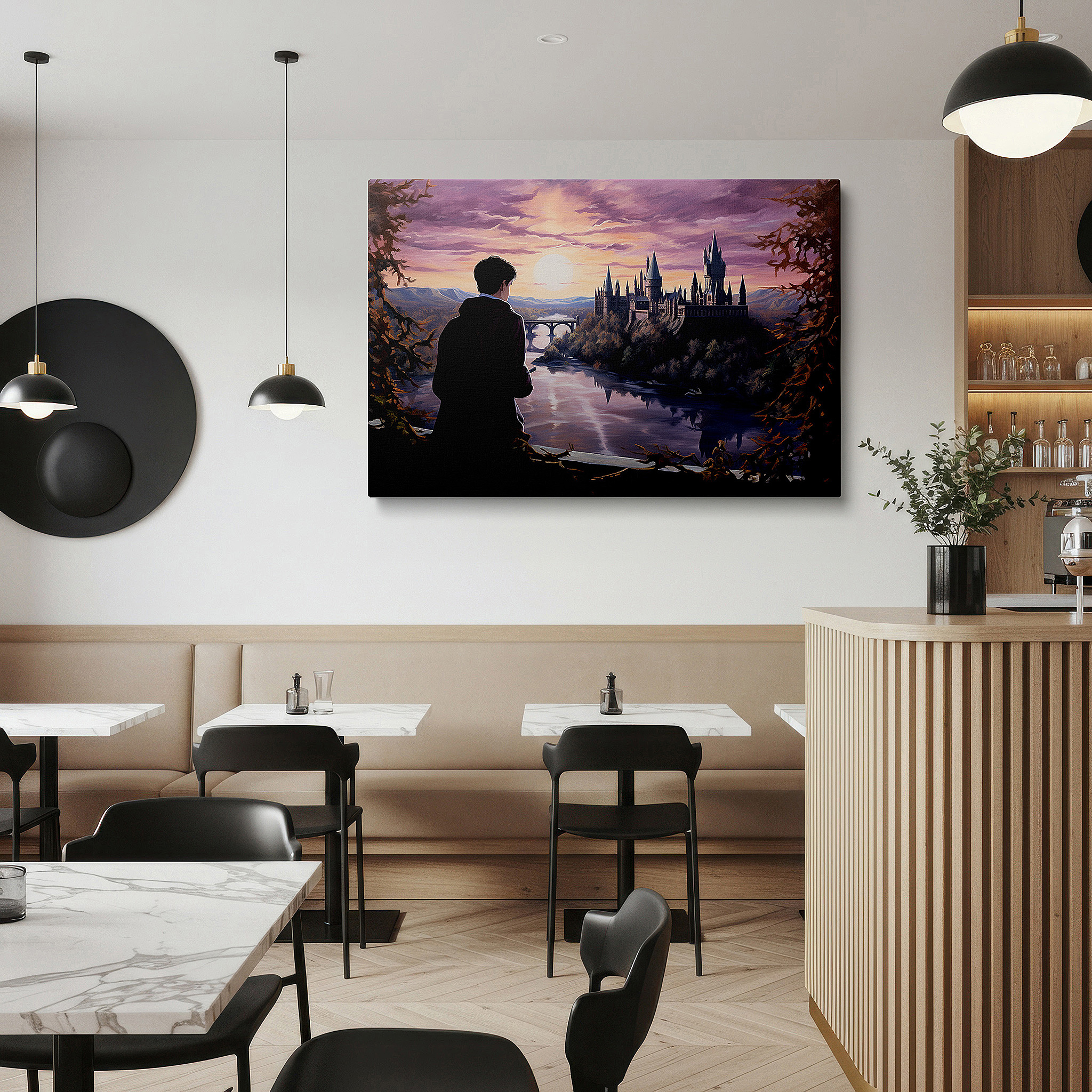 Hung in a cozy reading nook beside a floor lamp and bookshelf — wall art: enchanting castle at sunset featuring a mysterious cloaked figure - ideal for office and bedroom decor, large canvas wall art