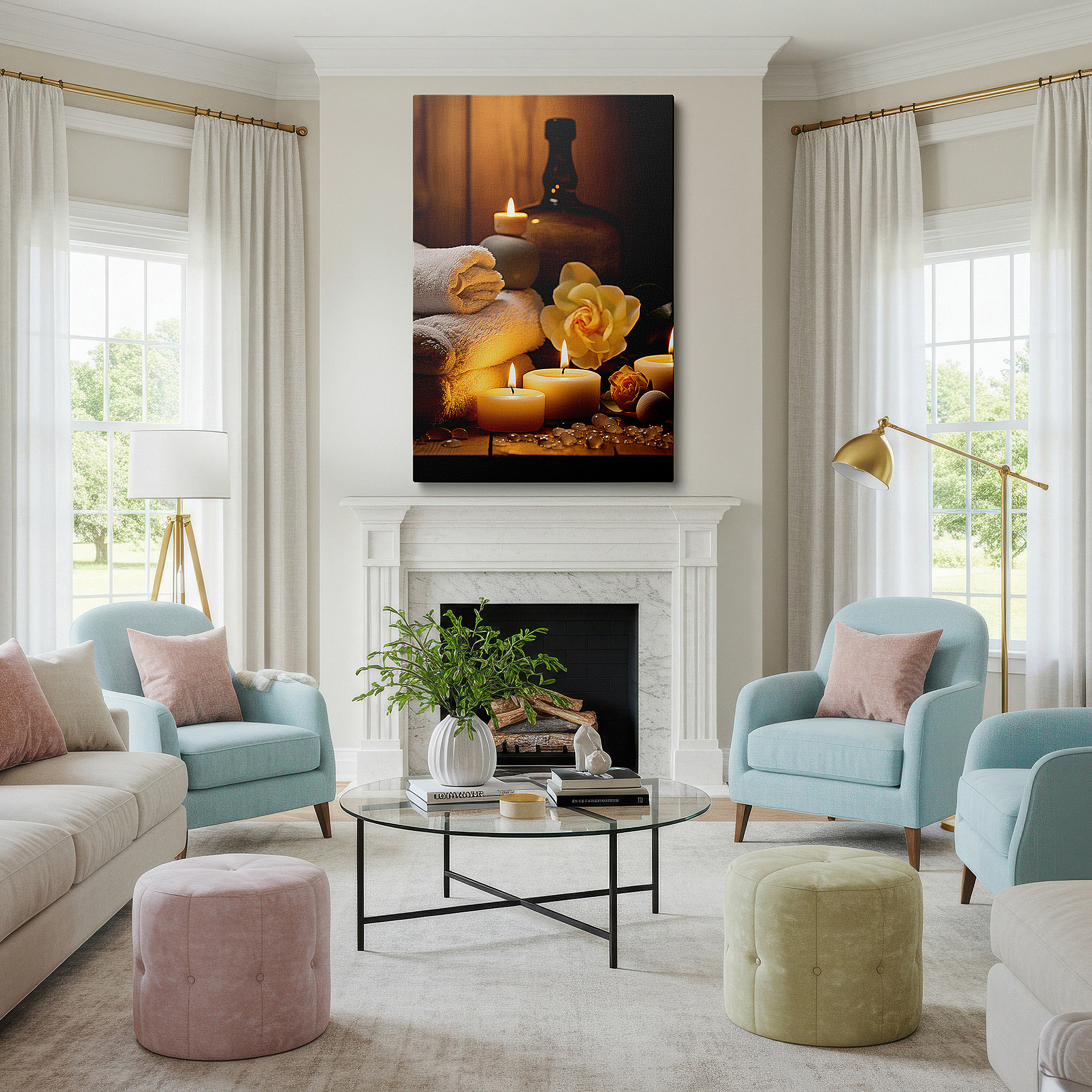 Hung in a cozy reading nook beside a floor lamp and bookshelf — wall art: experience candlelit serenity with spa-inspired large canvas art for office, bedroom, and living room decor