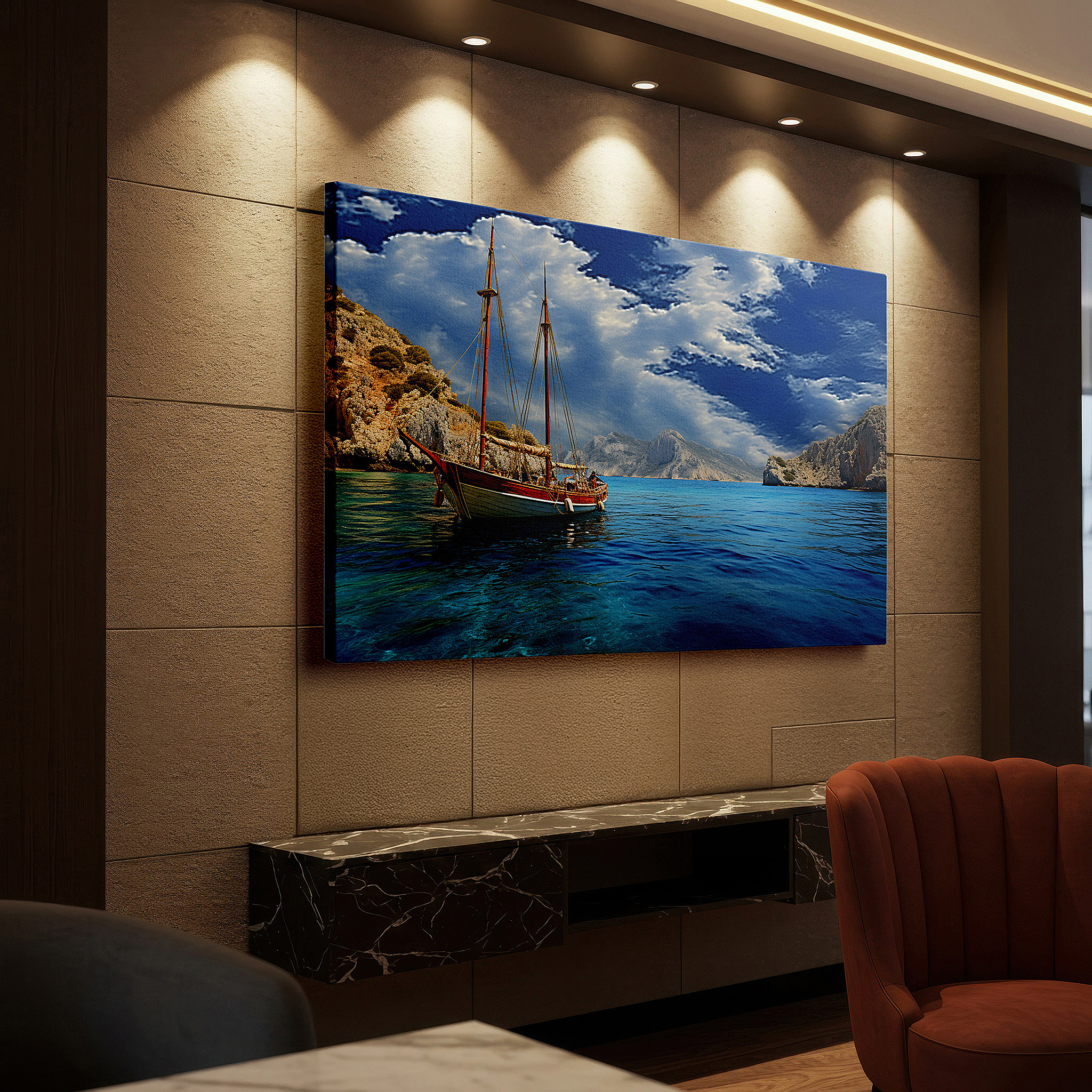 Hung in a cozy reading nook beside a floor lamp and bookshelf — wall art: majestic sailing vessel and towering cliffs - a journey of resilience and discovery. large canvas wall art for office decor.