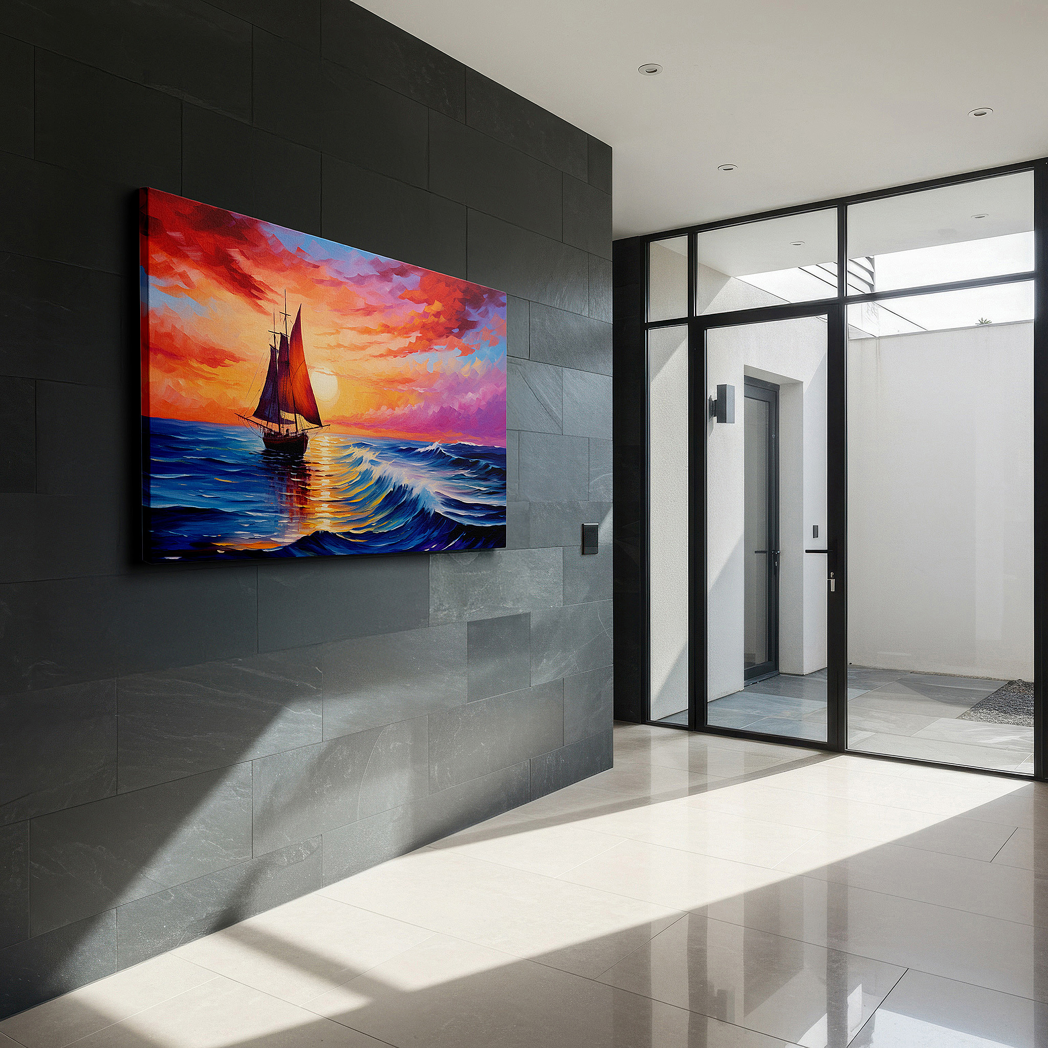 Hung in a cozy reading nook beside a floor lamp and bookshelf — wall art: majestic ship sailing through stormy seas at sunset - large canvas wall art for office, bedroom, and living room decor