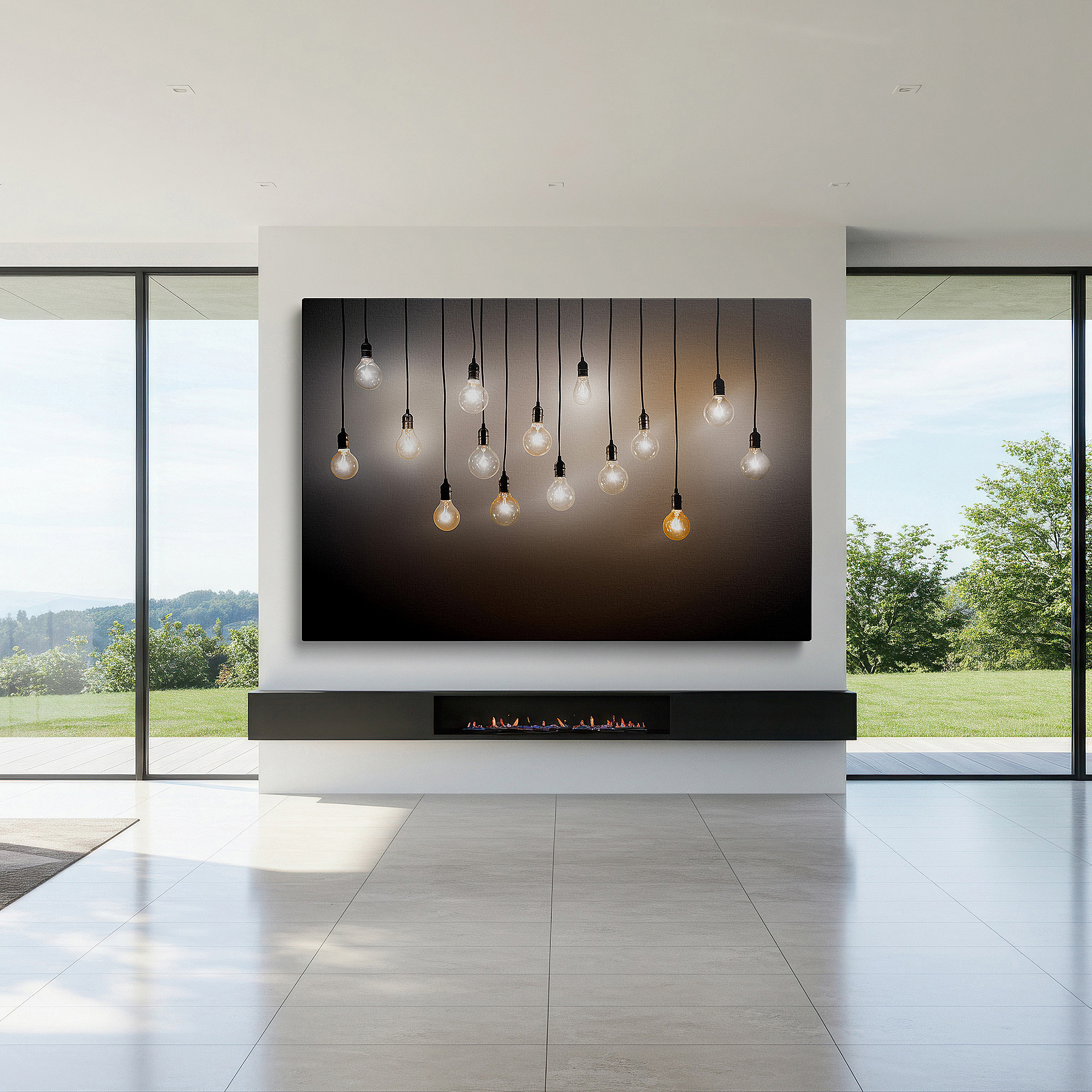 Hung in a cozy reading nook beside a floor lamp and bookshelf — wall art: radiant display of suspended light bulbs, combining antique appeal with contemporary style - large canvas wall art for home and office decor