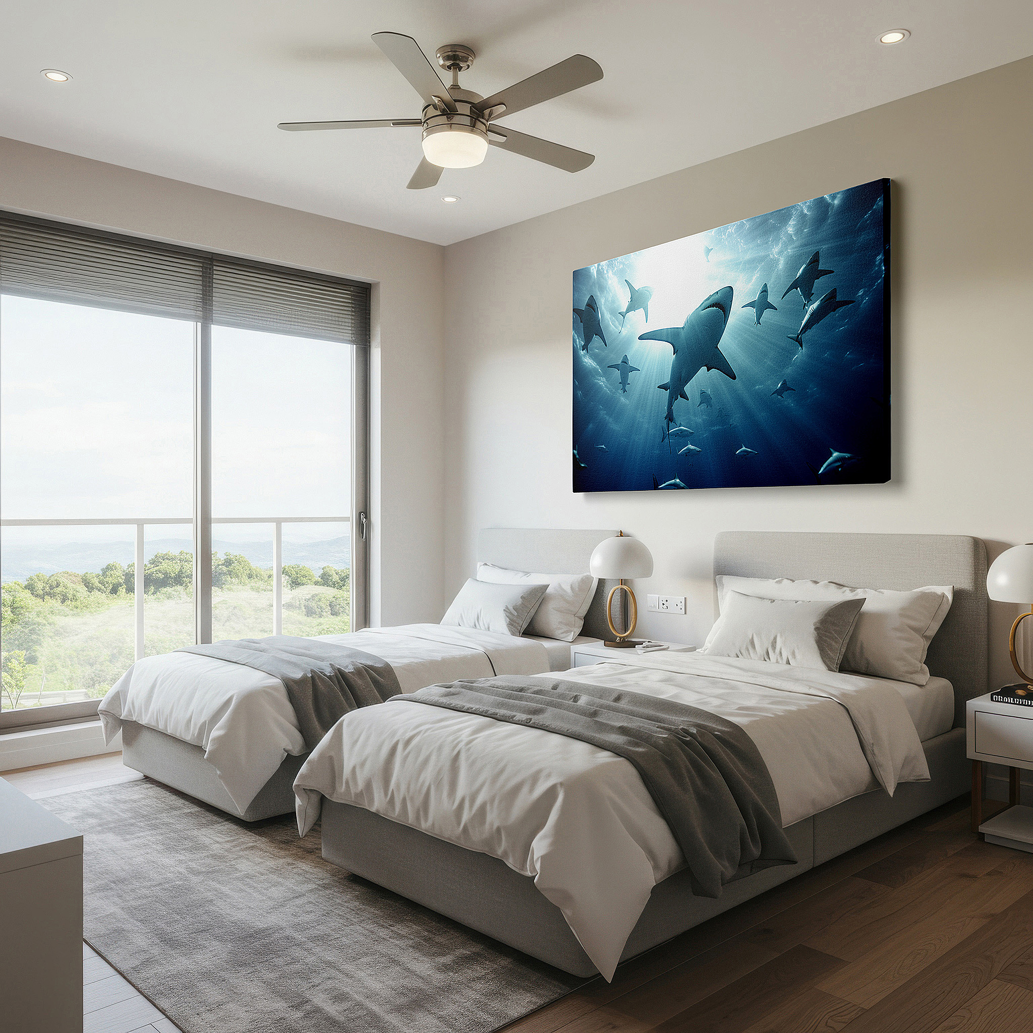 Hung in a cozy reading nook beside a floor lamp and bookshelf — wall decor: elegant sharks swimming in sunlit waters, interplay of light and shadow - large canvas art for walls, ideal for office and bedroom decor