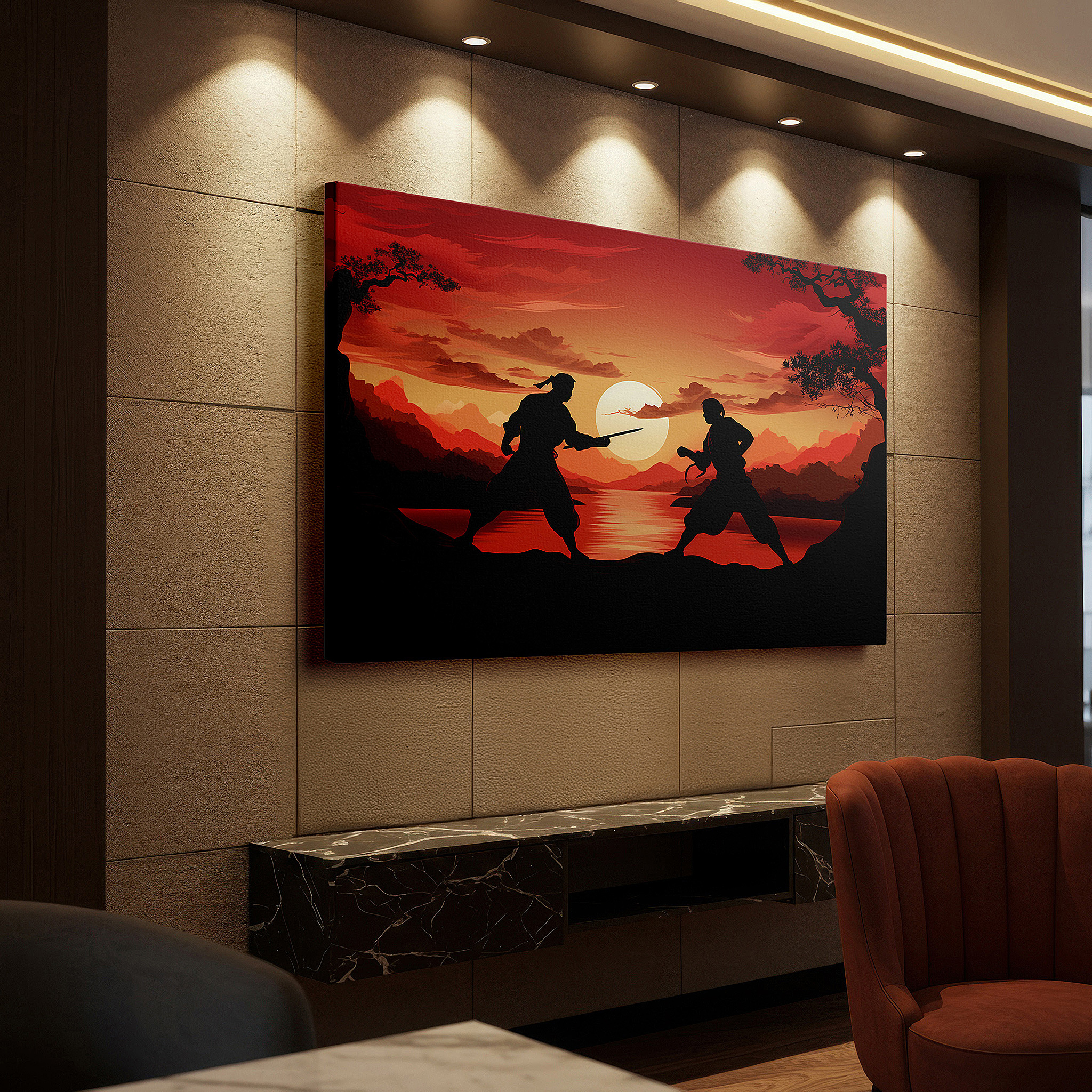 Hung in a cozy reading nook beside a floor lamp and bookshelf — wall decor: tranquil nature and dynamic martial arts duel, large canvas art for home decor