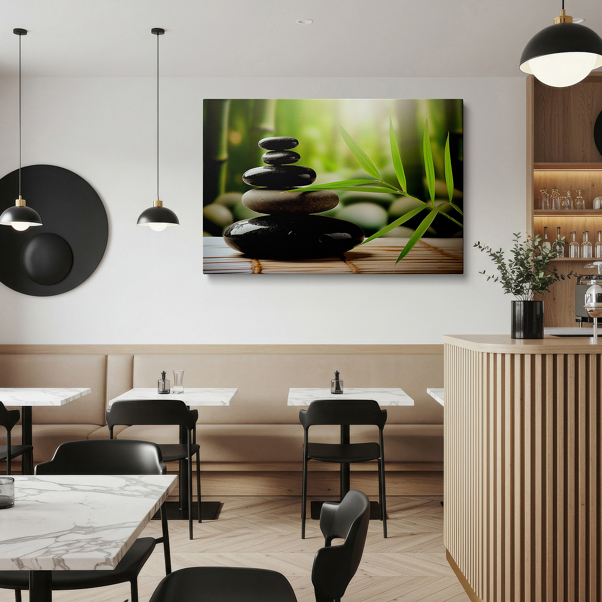 Hung in a cozy reading nook beside a floor lamp and bookshelf — zen stones and bamboo mat wall art on a serene green background for balance and mindfulness - large canvas wall decor for office