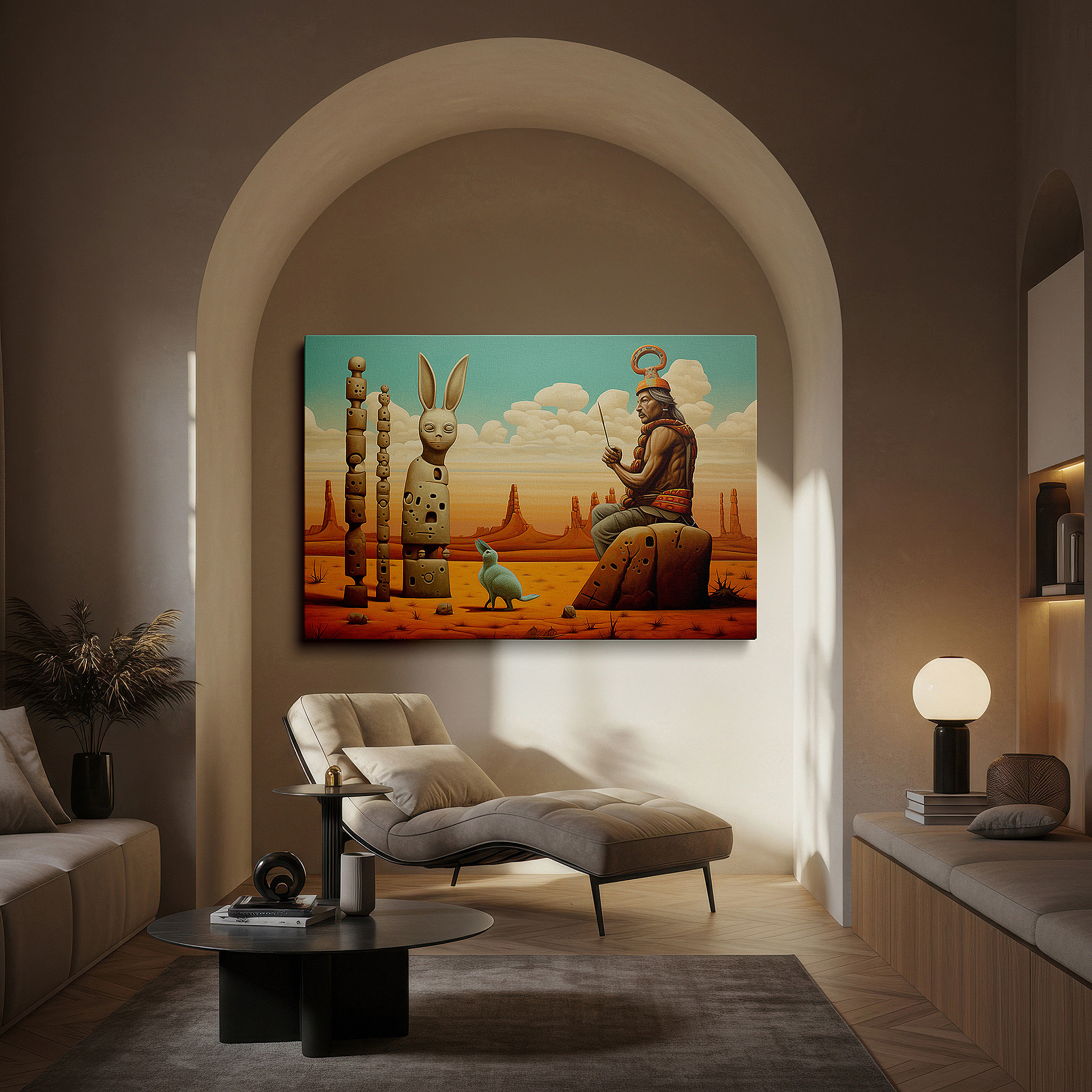 Installation made easy with a centered hook and clean wire mount — abstract desert conversation: human and rabbit figures in a vibrant landscape - large canvas wall art for home and office decor