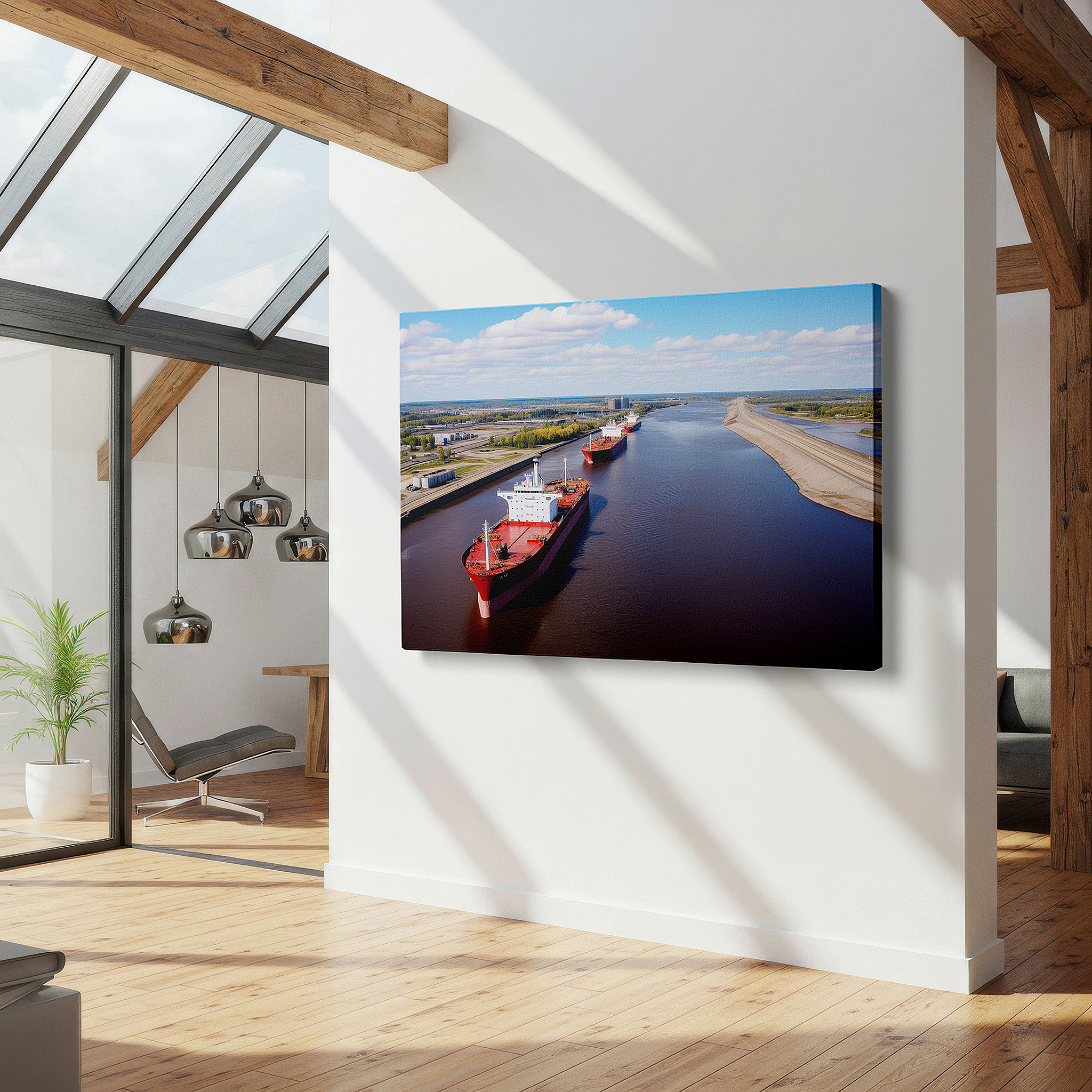 Installation made easy with a centered hook and clean wire mount — aerial river view: balancing commerce and tranquility - large canvas wall art for office, bedroom, and living room decor