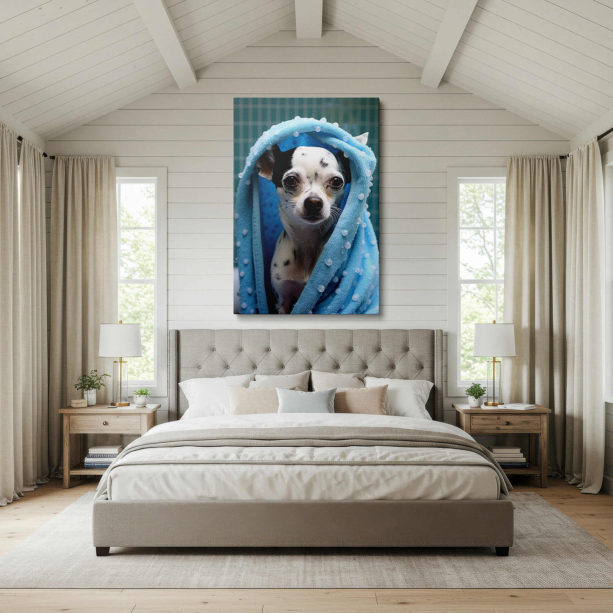 Installation made easy with a centered hook and clean wire mount — chihuahua in a blue towel wall art: cozy and charming large canvas for home and office decor