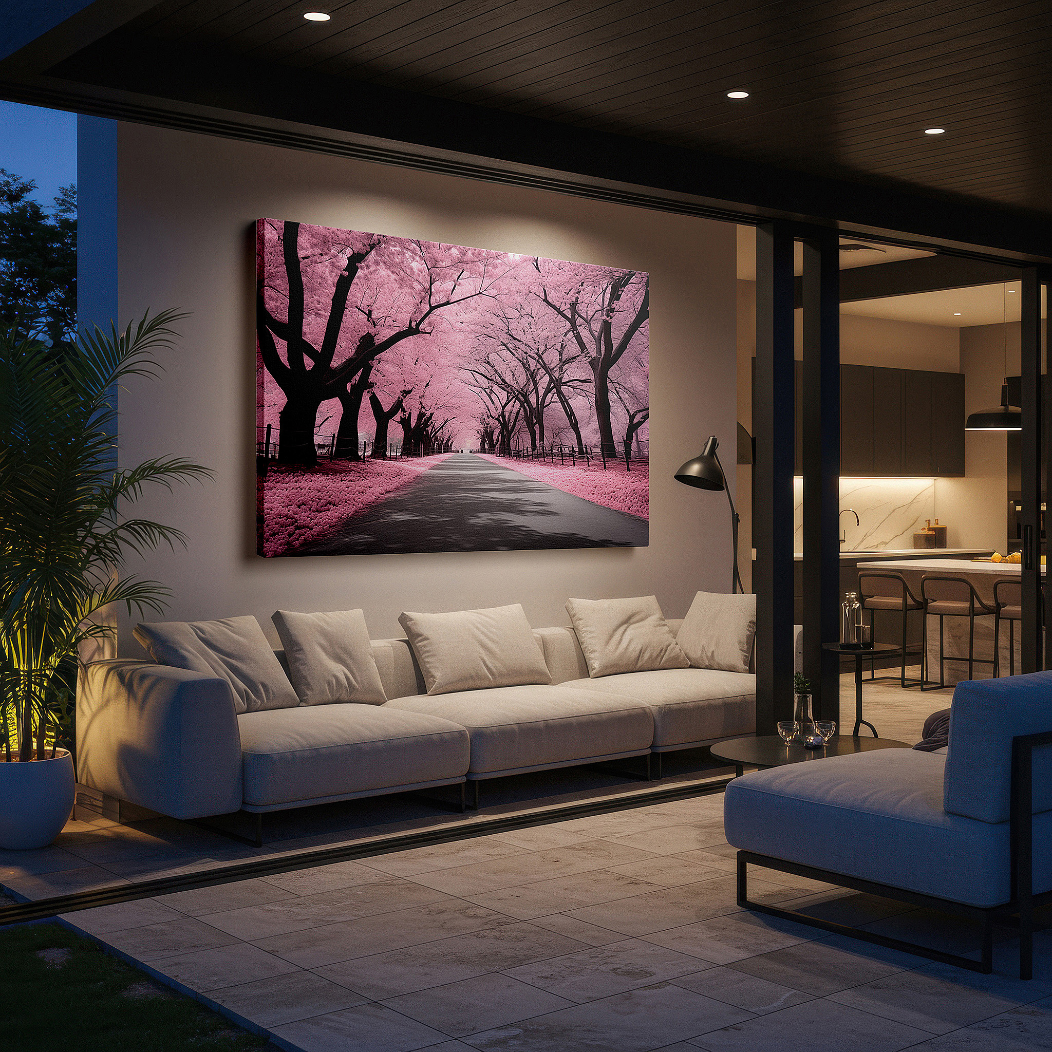 Installation made easy with a centered hook and clean wire mount — dreamy pink cherry blossom pathway large canvas wall art for office, bedroom, and living room decor