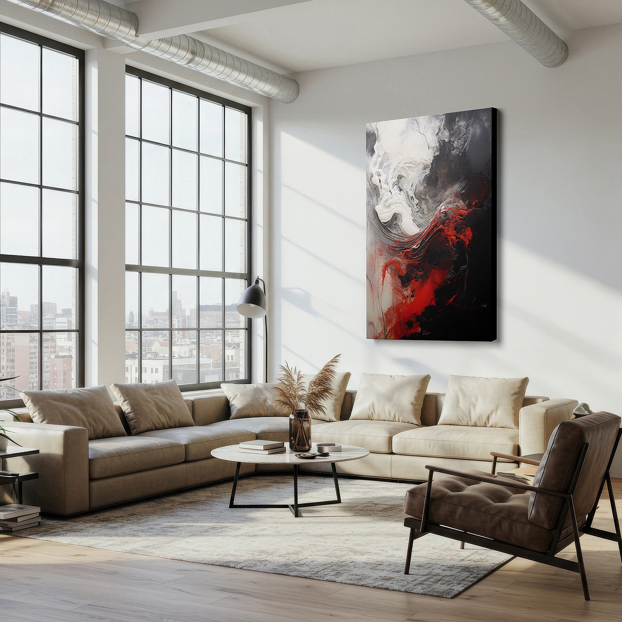Installation made easy with a centered hook and clean wire mount — dynamic abstract forms in black and red: a visual symphony evoking emotion - large canvas wall art for office decor