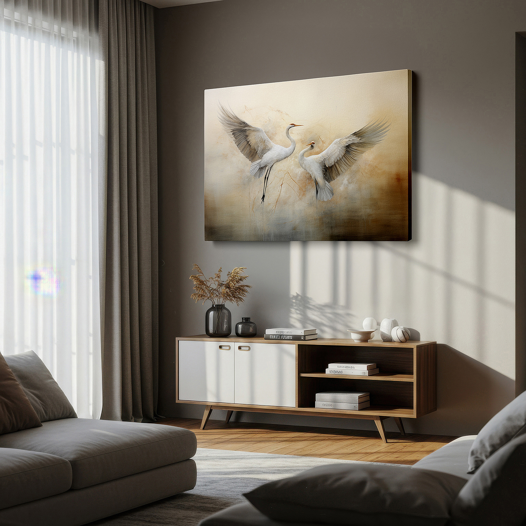 Installation made easy with a centered hook and clean wire mount — elegant cranes soaring, a peaceful blend of beauty and calmness - large wall art, canvas wall art, wall decor for office and bedroom