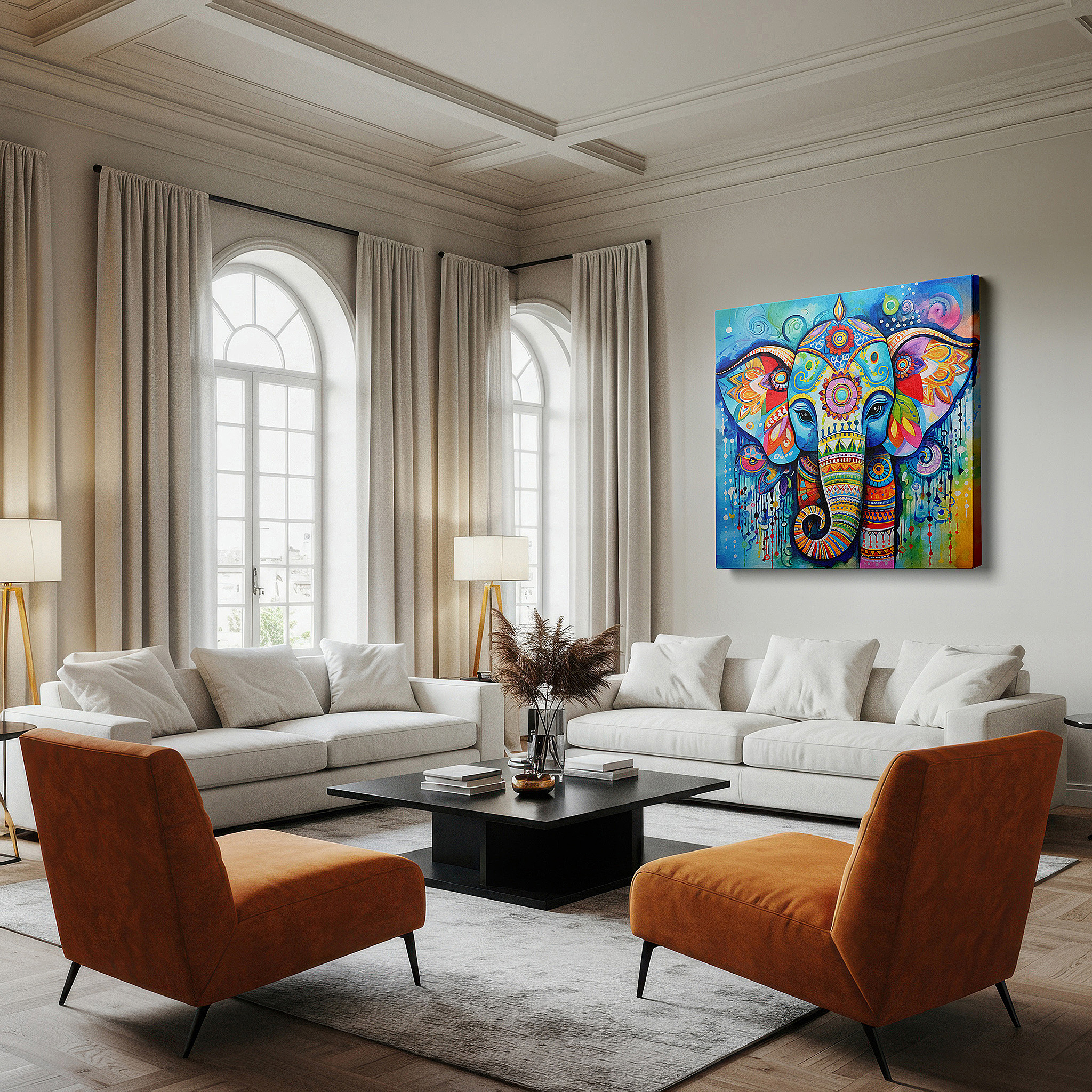 Installation made easy with a centered hook and clean wire mount — elephant mandala symbolizing unity and spiritual growth - large canvas wall art for office and bedroom decor