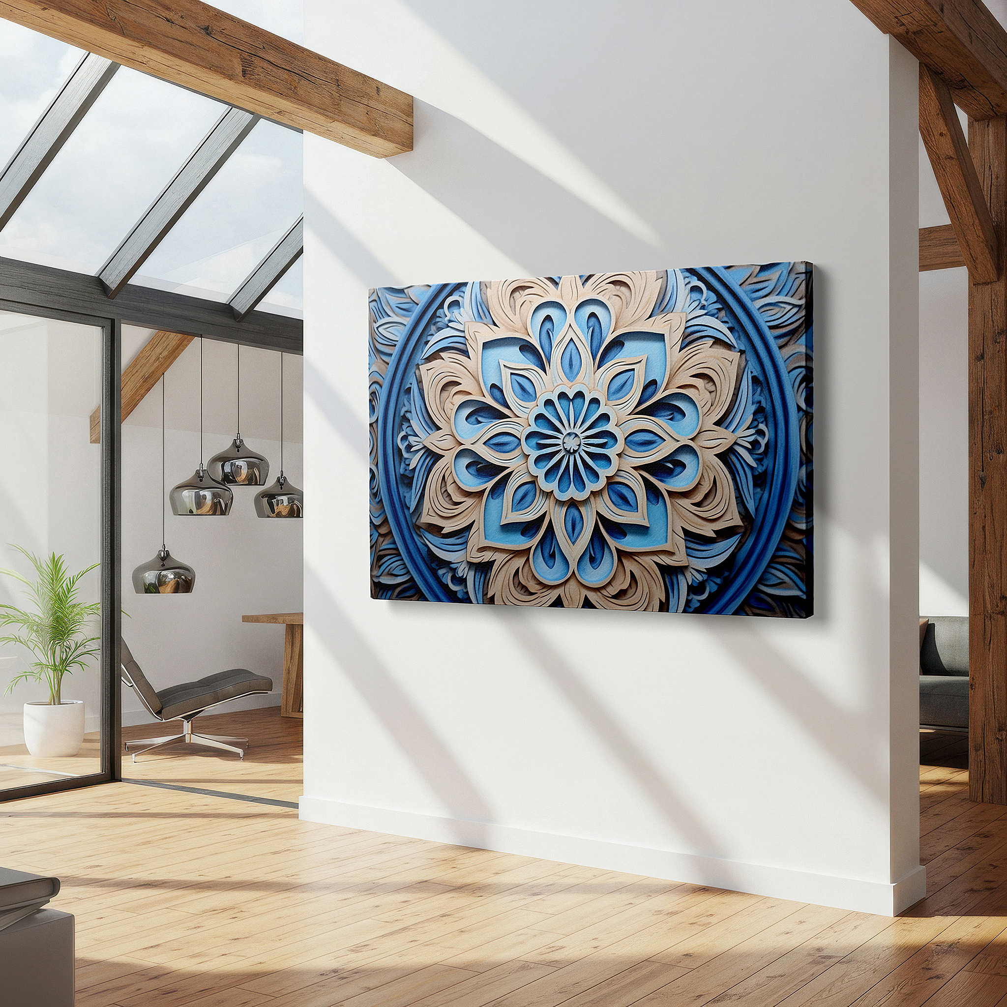 Installation made easy with a centered hook and clean wire mount — enchanting floral wood carving wall art in soft blues and gentle beige tones - large canvas wall art for office and bedroom decor