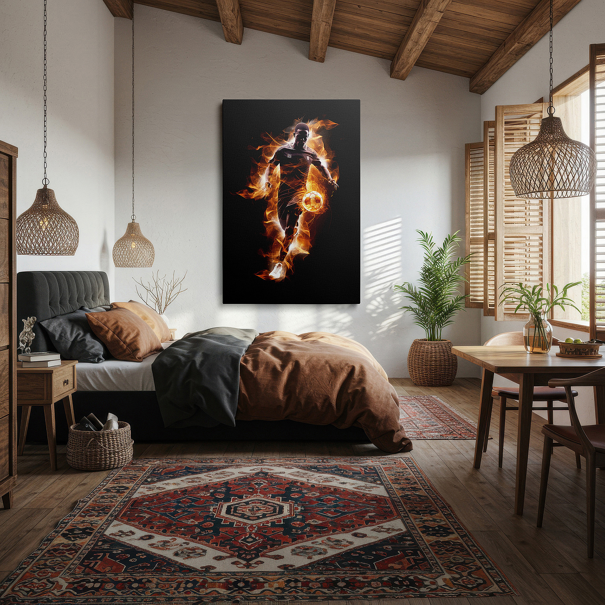 Installation made easy with a centered hook and clean wire mount — fiery soccer spirit wall art - capturing the essence of passion and intensity in motion, perfect for office, bedroom, or living room decor