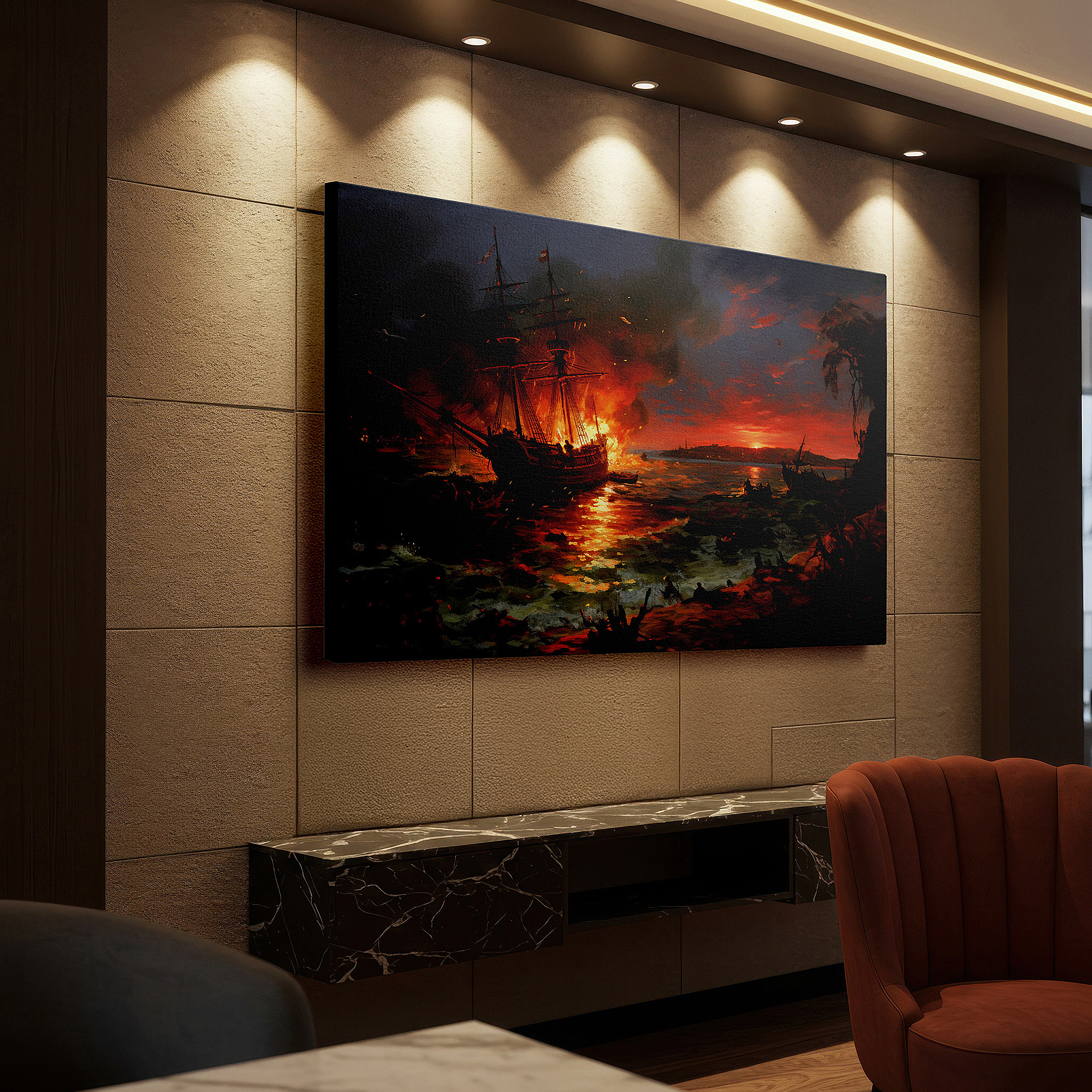 Installation made easy with a centered hook and clean wire mount — fiery sunset at sea: a majestic ship battles nature's fury - large wall art, canvas wall art, wall decor for office and bedroom