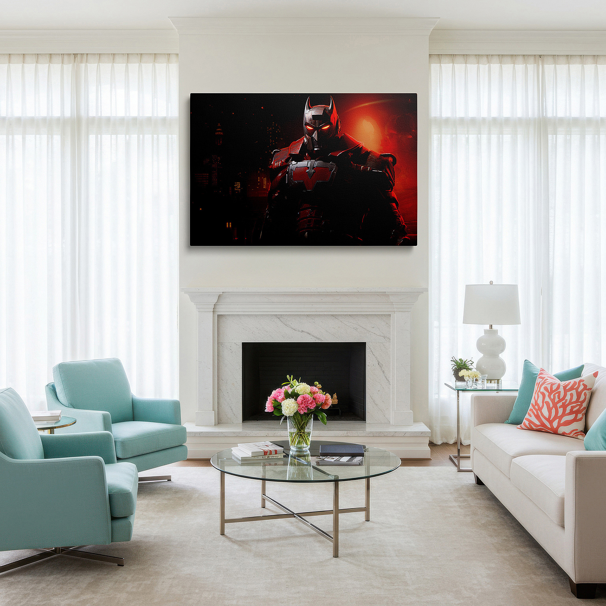 Installation made easy with a centered hook and clean wire mount — futuristic robotic hero in urban shadows: a symbol of resilience and technological wonder - large wall art, canvas wall art, wall decor for office