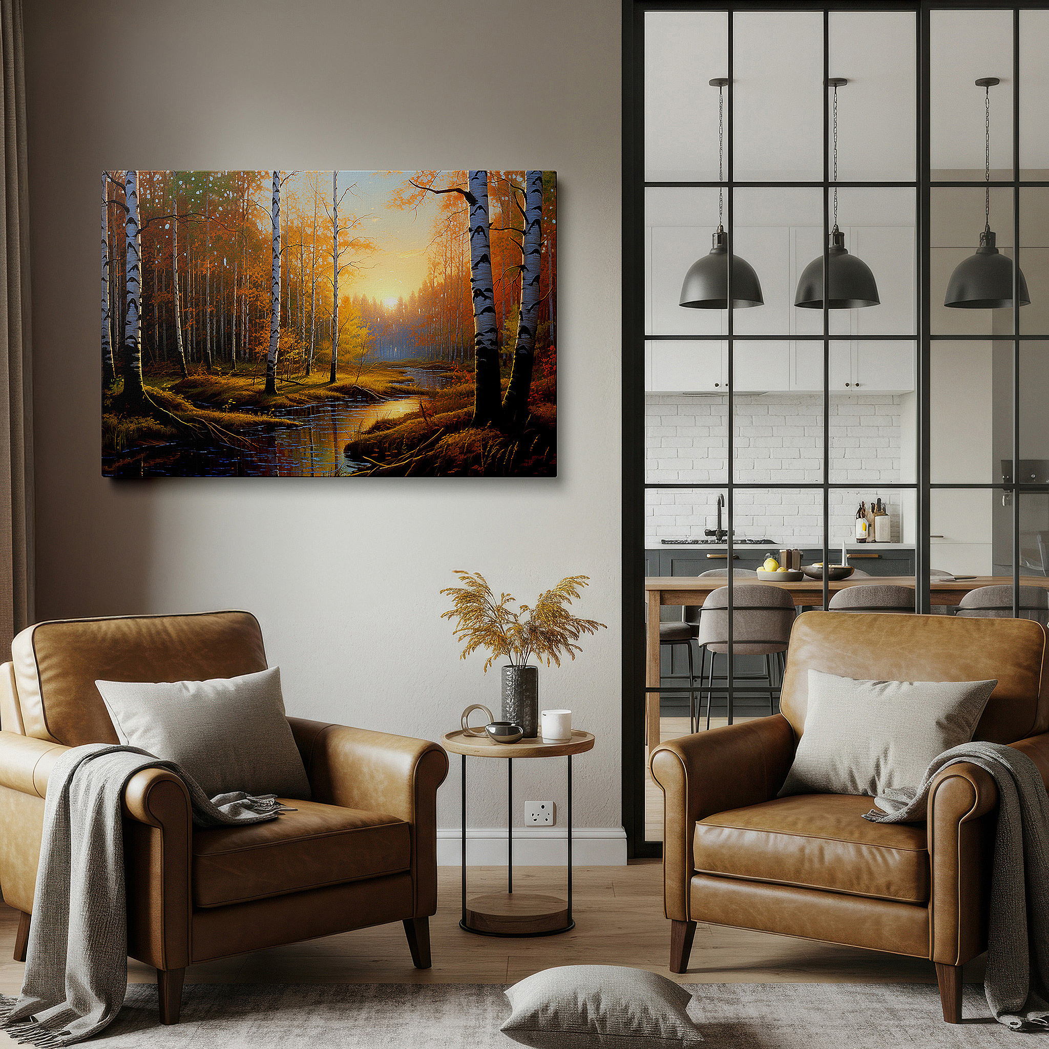 Installation made easy with a centered hook and clean wire mount — golden hour glow over tranquil birch forest with fiery autumn leaves reflecting in a serene stream - large canvas wall art
