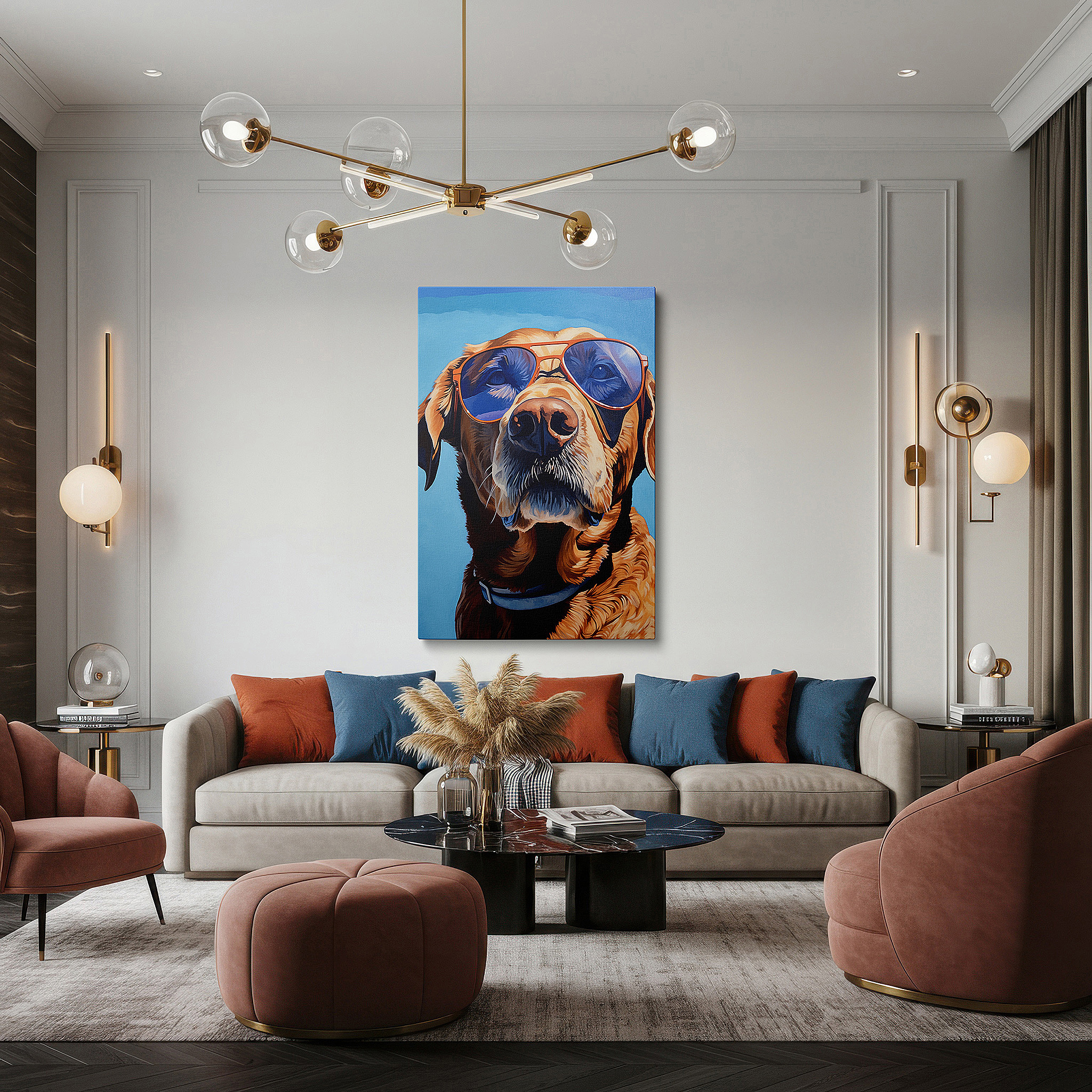 Installation made easy with a centered hook and clean wire mount — golden retriever in sunglasses exudes summer bliss on a bright blue sky background - large wall art, canvas wall art, wall decor for office and bedroom