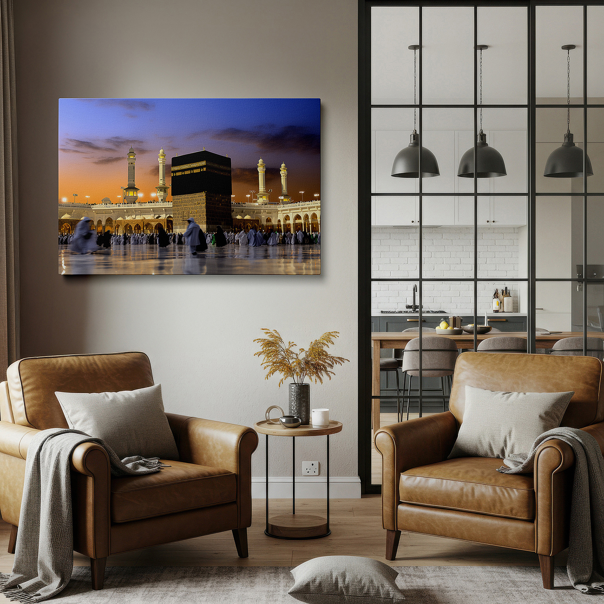 Installation made easy with a centered hook and clean wire mount — golden sunset over kaaba canvas print featuring devout worshippers in mecca - ideal for office, living room, or bedroom wall decor