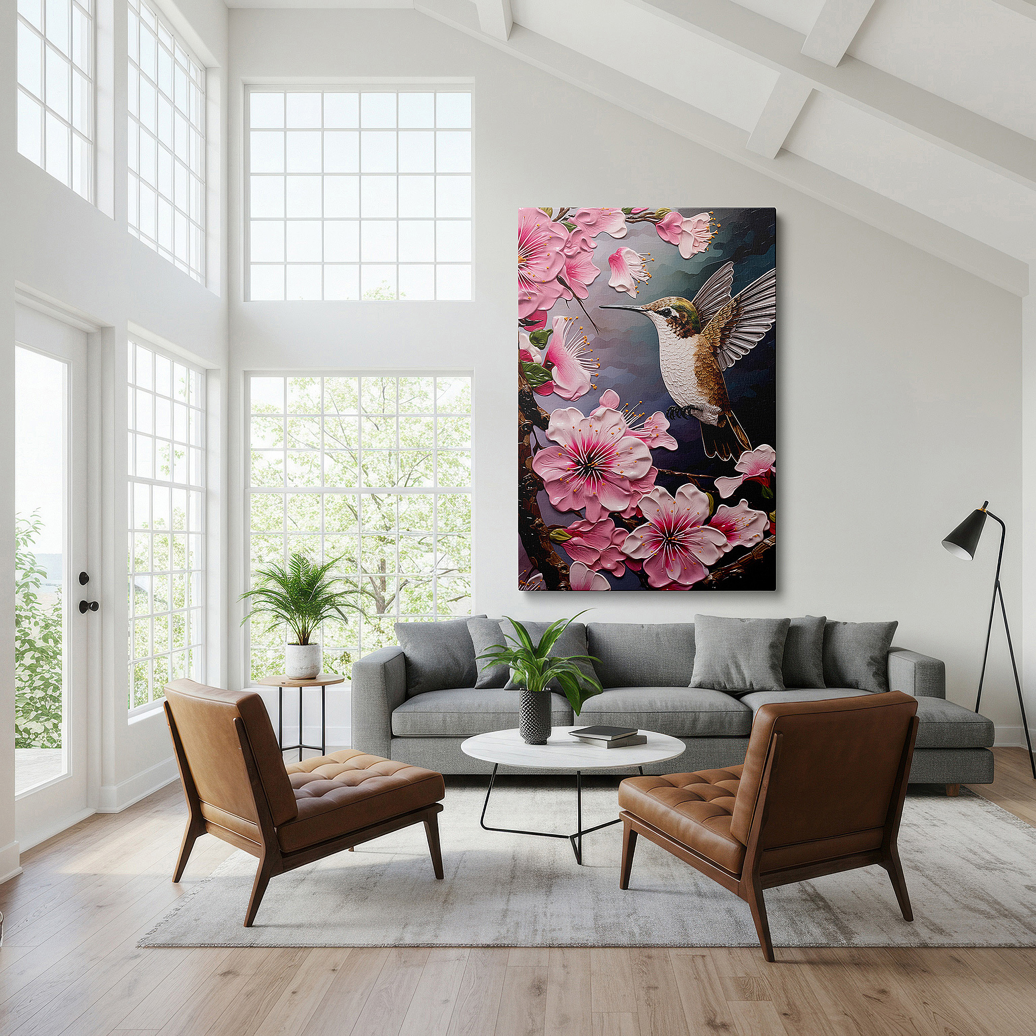 Installation made easy with a centered hook and clean wire mount — hummingbird's ethereal glow amid delicate pink blossoms large wall art, canvas wall art, wall decor for office and bedroom