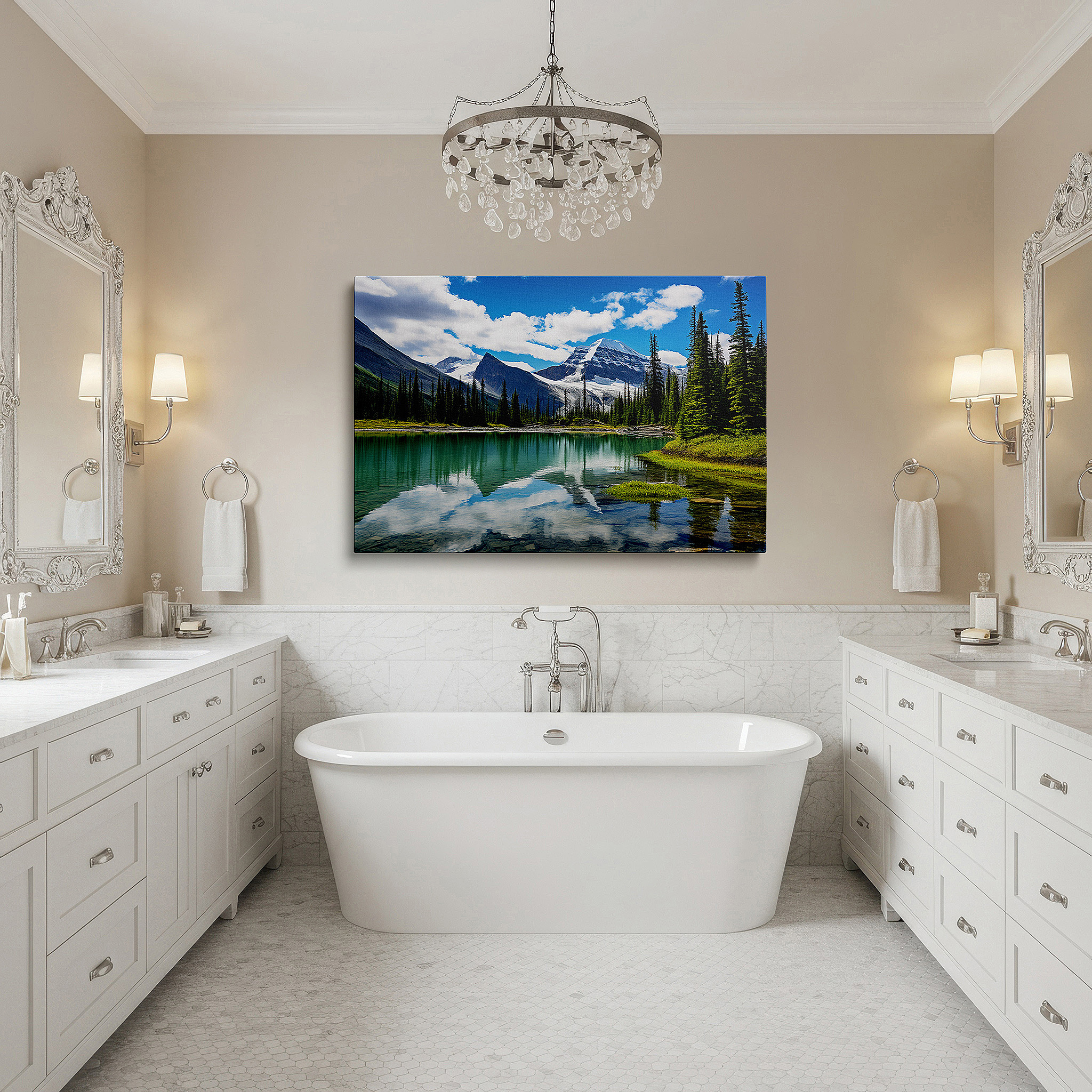Installation made easy with a centered hook and clean wire mount — majestic mountain peaks and serene lake reflections: large canvas wall art for office, bedroom, and living room decor