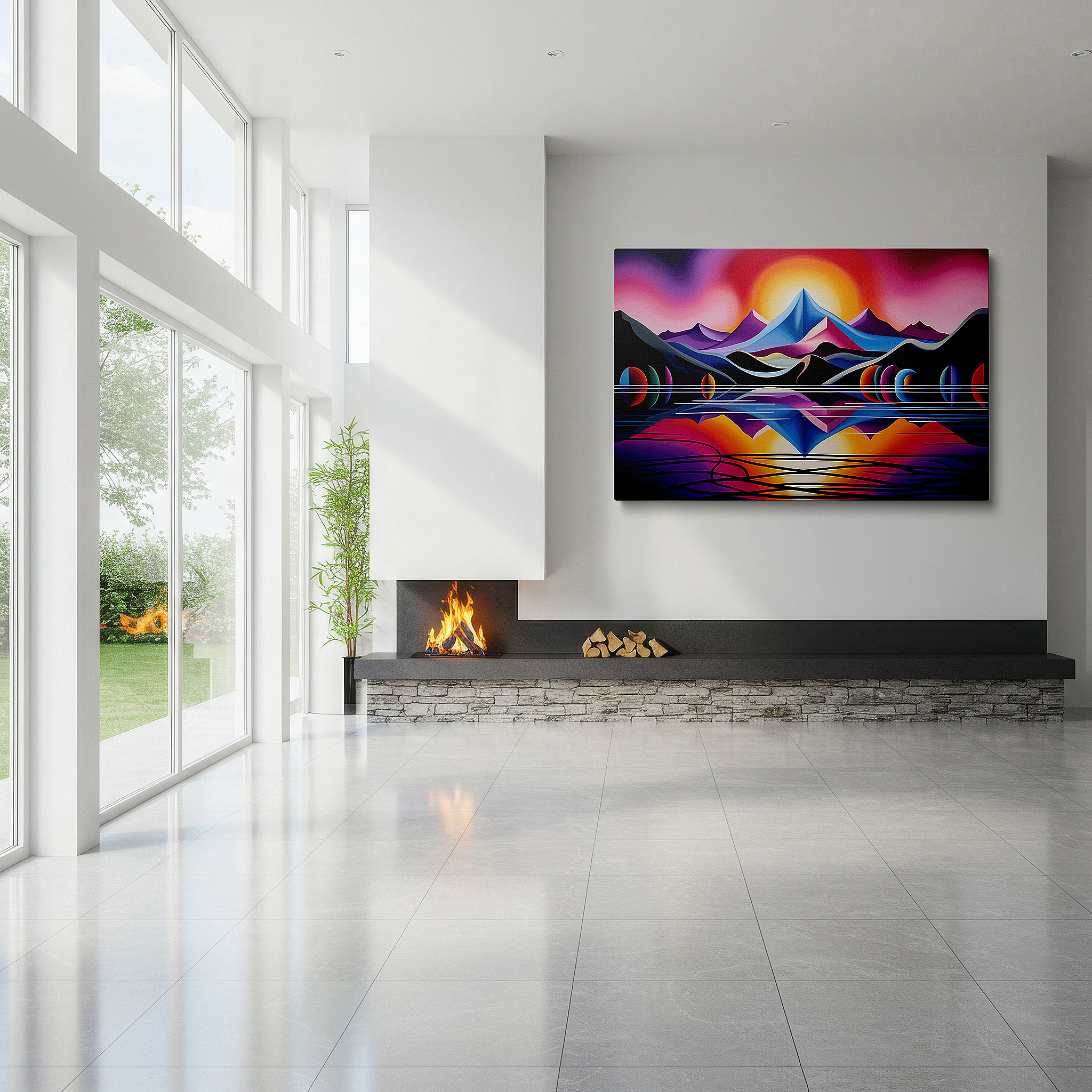 Installation made easy with a centered hook and clean wire mount — majestic mountains and glowing sunrise reflection on serene waters large wall art, canvas wall art, wall decor for office and bedroom