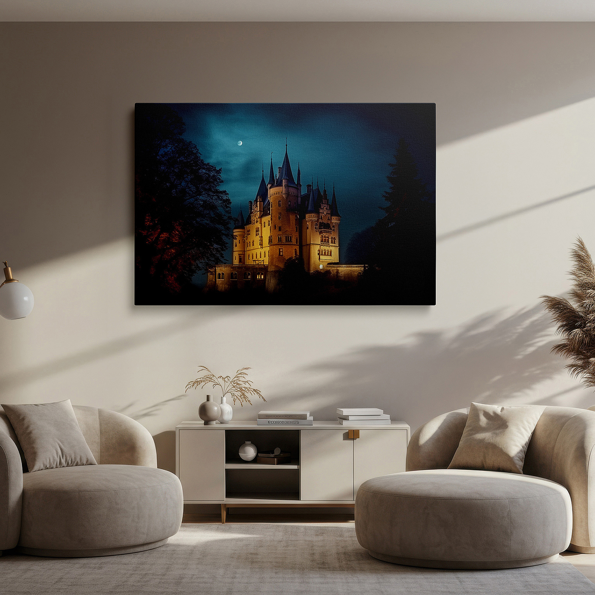 Installation made easy with a centered hook and clean wire mount — moonlit mystical gothic castle, enchanting glow with intricate stonework, large canvas wall art for office decor
