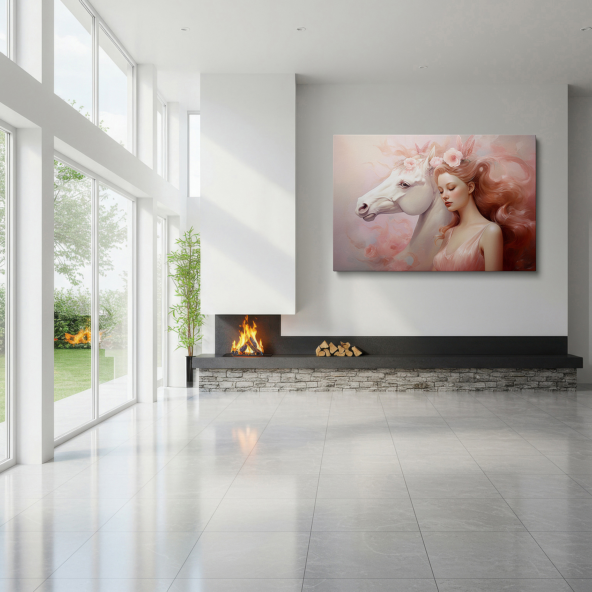Installation made easy with a centered hook and clean wire mount — mystical elegance and dreamlike charm in the fusion of woman and mythical horse: large wall art, canvas wall art, wall decor for office and bedroom
