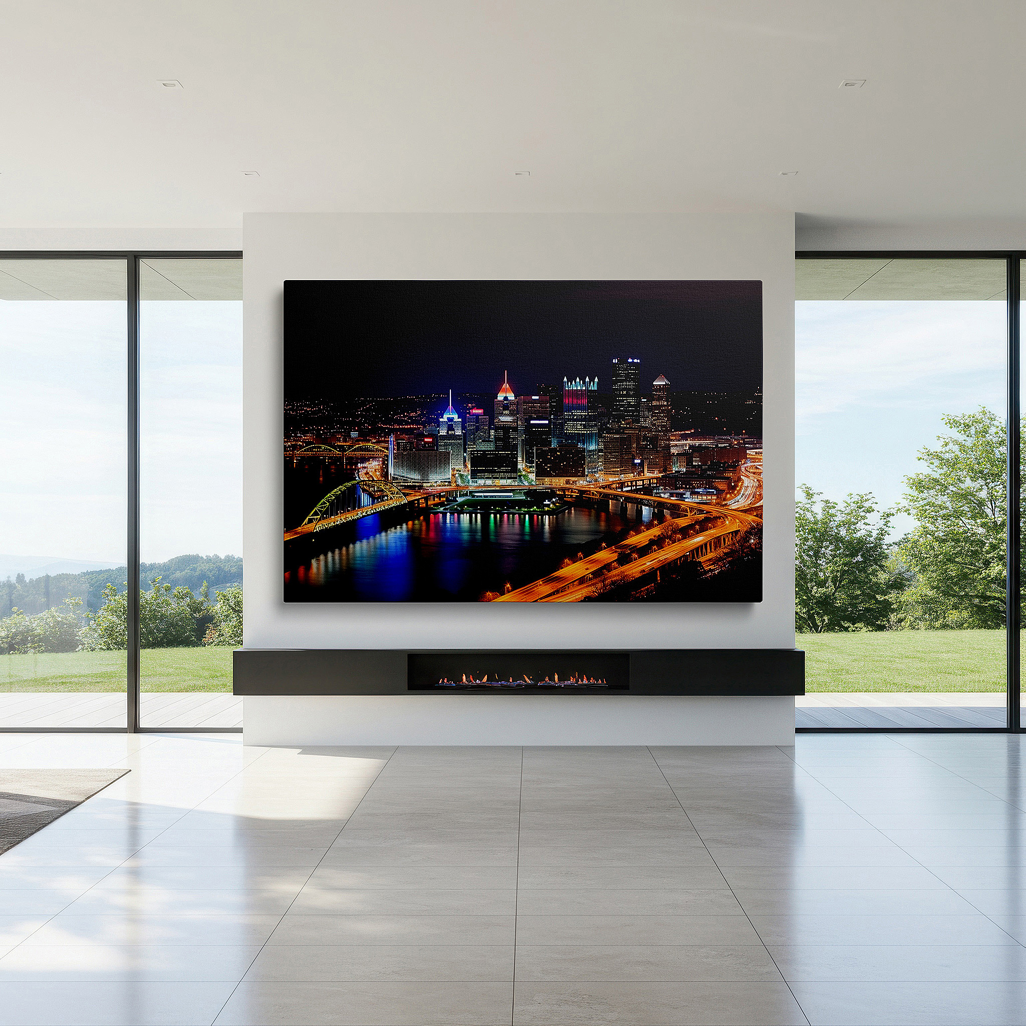 Installation made easy with a centered hook and clean wire mount — pittsburgh's nighttime beauty: a wide-angle display of glowing skyscrapers and bright bridges - large wall art, canvas wall art, wall decor for office