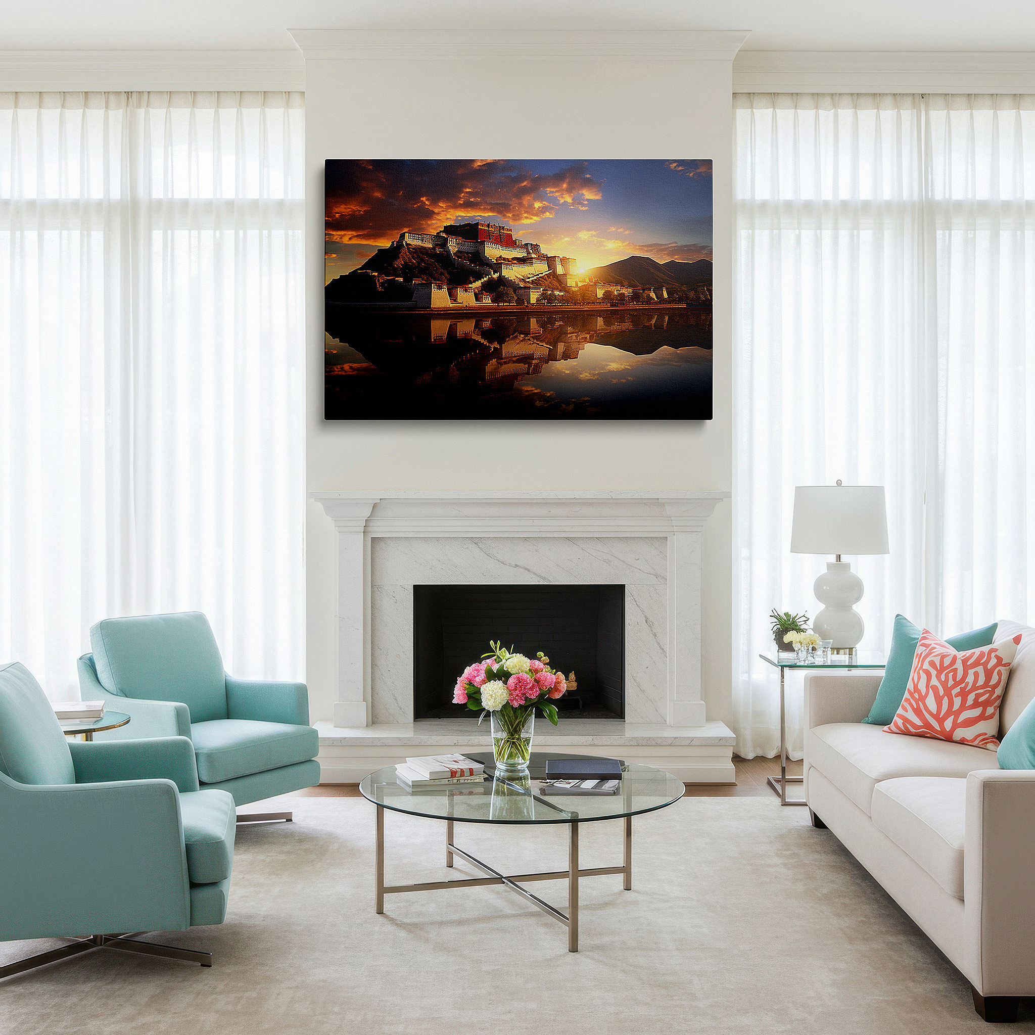 Installation made easy with a centered hook and clean wire mount — potala palace golden hour glow: serene historical and natural reflections - large canvas wall art for office and bedroom decor