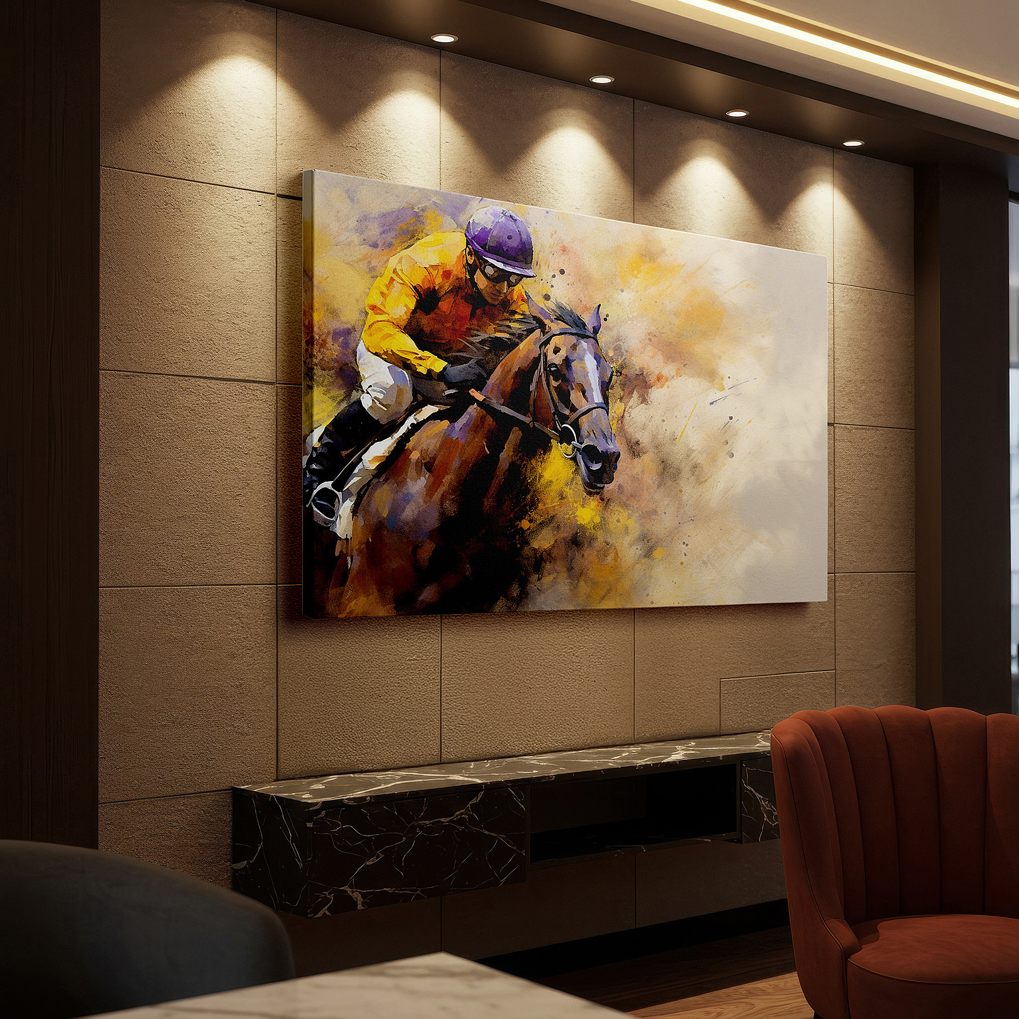 Installation made easy with a centered hook and clean wire mount — racehorse in action - celebrating speed and power, large canvas wall art for office and bedroom decor