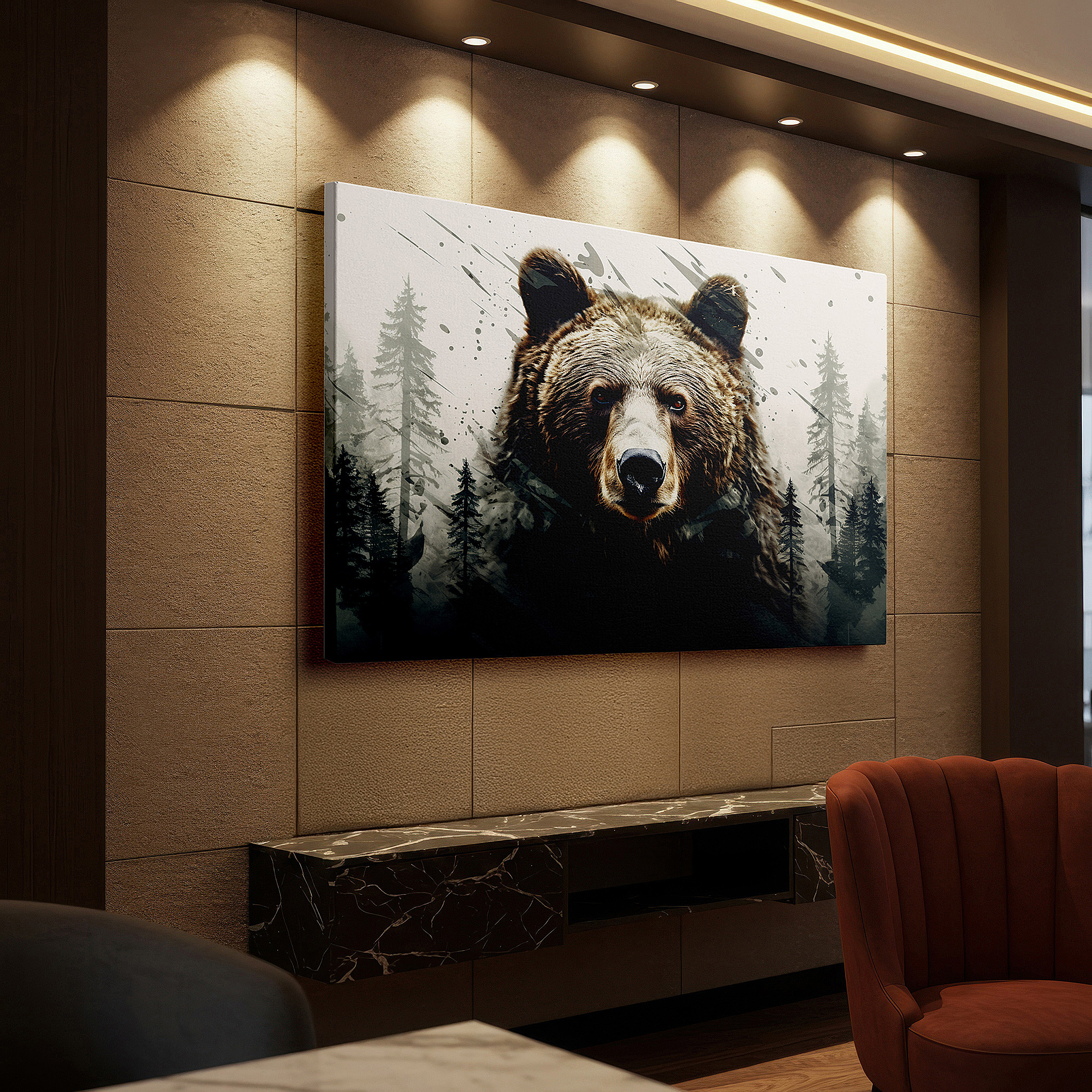 Installation made easy with a centered hook and clean wire mount — resilient and tranquil bear amidst abstract energy large canvas wall art for office, bedroom, and living room decor