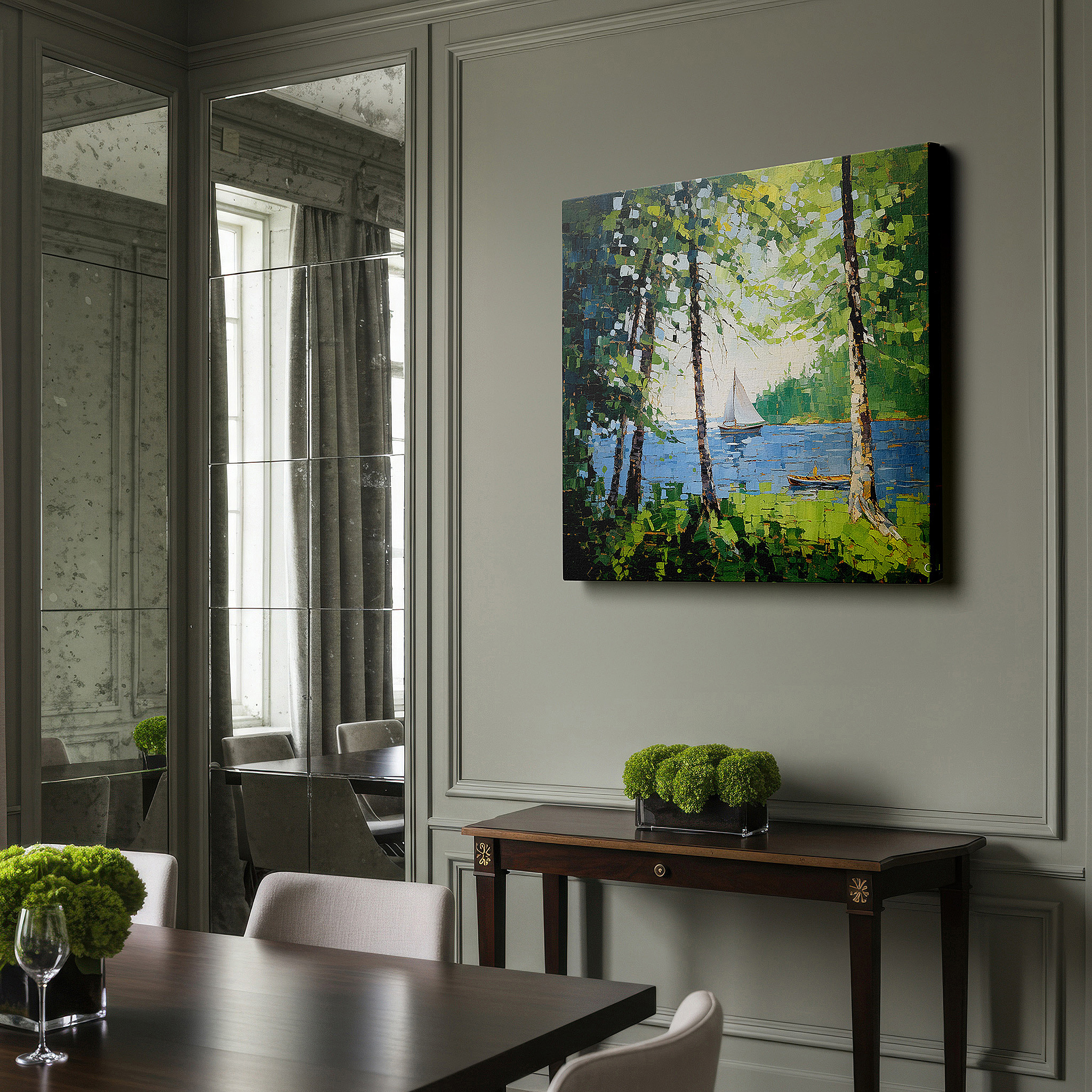 Installation made easy with a centered hook and clean wire mount — serene forest and sailboat scene, vibrant nature and adventure-themed large canvas wall art for office decor