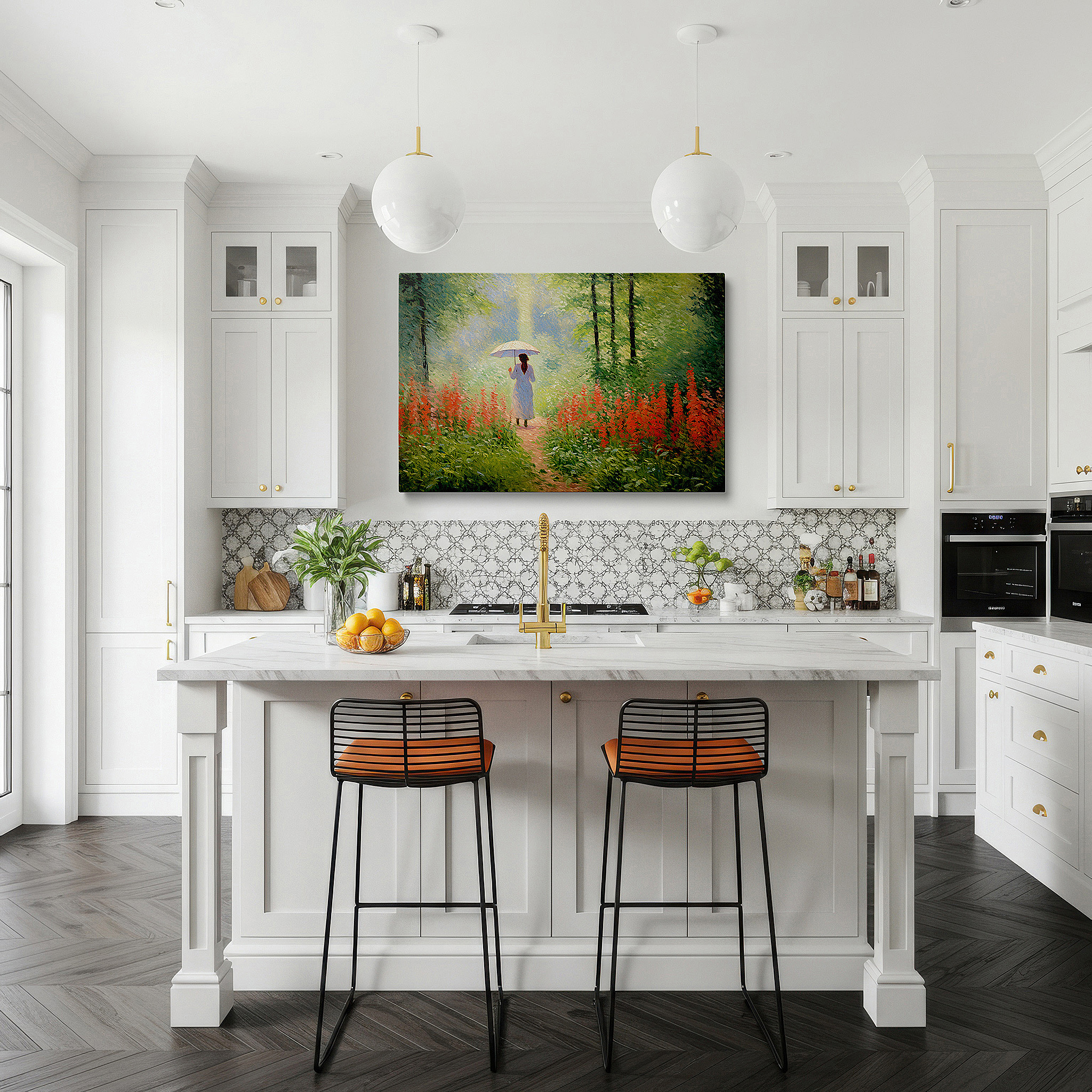 Installation made easy with a centered hook and clean wire mount — serene impressionist artwork featuring a lone woman on a floral path - large canvas wall art for home and office decor