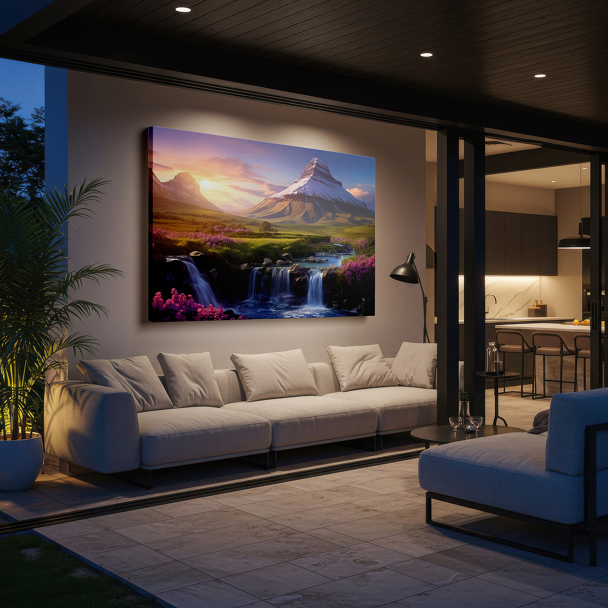 Installation made easy with a centered hook and clean wire mount — serene mountain scenery with bright flowers and grand waterfalls - oversized wall art, canvas print, home and office decor